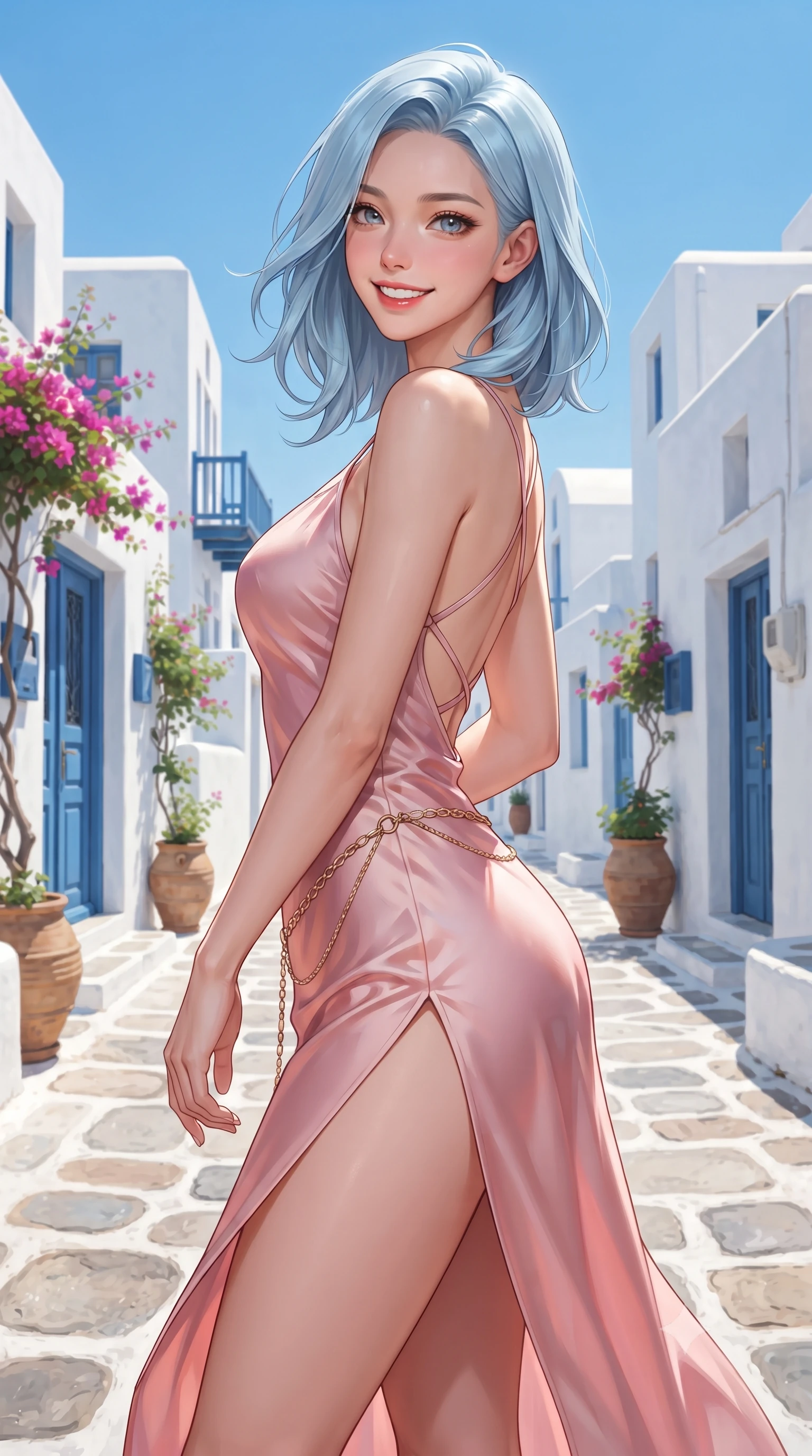 score_9, masterpiece, best quality, ultra-detailed, high-budget anime keyframe, editorial fashion photography, tasteful artistic composition, Korean woman. close-up cowboy shot from the waist and thighs up, the character dominates the composition, filling the frame with her large presence. turning playfully with a bright confident smile, her glossy hair tossing in the breeze as her hips angle gracefully in a captivating contrapposto while walking down the quiet cobblestone village lane, her breezy resort wear clinging to her narrow waist and rounded hips in the Aegean breeze. The surrounding environment is rendered in vivid detail and crisp panoramic clarity. detailed cotton poplin dress weave, sun-dappled skin highlights, and Cycladic village architecture in high resolution. She has an exceptionally elegant, slender, and willowy female figure with an ultra-slim waist, flat toned midriff, narrow ribcage, and sculpted feminine hips creating an alluring, slim hourglass silhouette without bulk. sharp v-shaped jawline, high-bridge nose, intricate jewel-like sparkling eyes with depth, thick eyelashes, glossy parted lips with a natural peach sheen, bright cheerful beaming smile with an enchanting and coquettish sensual glint, exuding both youthful cute charm and seductive allure, flawlessly proportioned anatomical accuracy, strict slender model proportions, natural body alignment, perfectly sculpted long slender limbs, ultra-slim waistline, clean dynamic posture without body distortion. wearing a breezy silk-satin slip dress featuring a thigh-high side slit ascending to the high hip and criss-cross back straps in cherry blossom pink and soft rose gold, woven from layered gossamer organza with weightless flutter, accented with a delicate gold chain belt resting loosely on her curvy hips, the glove-like silhouette tightly following the natural contour of her hips and long slender legs with youthful 8.5-heads elegance. illuminated by crisp directional highlights sharply defining her sculpted collarbones, ultra-slim waist, and curvy hips. ultra-reflective glossy finish, specular highlights, rich textural contrasts, high-contrast stereoscopic depth, volumetric dynamic lighting, 2k, ultra detail, master piece, 9:16 ratio