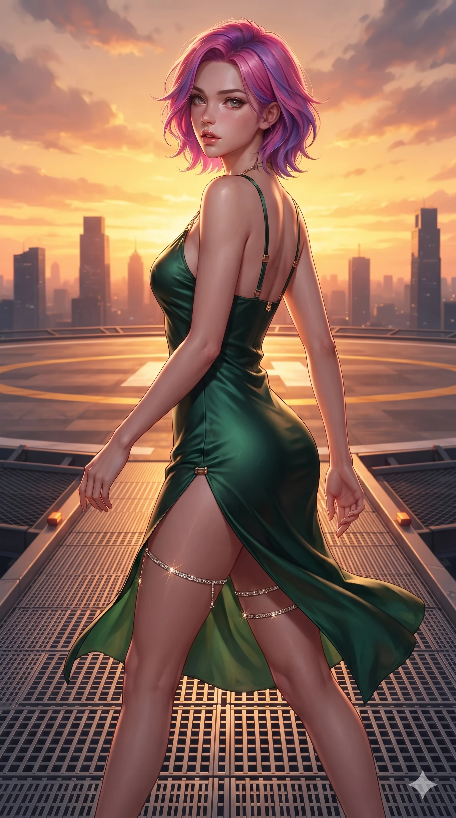 score_9, masterpiece, best quality, ultra-detailed, high-budget anime keyframe, editorial fashion photography, tasteful artistic composition, Caucasian woman. close-up cowboy shot from the waist and thighs up, the character dominates the composition, filling the frame with her large presence. posing in an alluring rear three-quarter angle, looking over a bare shoulder with parted glossy lips, her hips cocked back to highlight her slim hourglass curve while stepping forward in a confident stride across the rooftop deck, her long slender legs and curvaceous hips creating a dynamic, sweeping vertical line against the burning sunset. The surrounding environment is rendered in vivid detail and crisp panoramic clarity: sharp helipad perimeter markings, brushed aluminum deck grating, and crisp panoramic skyscraper silhouettes in deep focus. She has an exceptionally elegant, slender, and willowy female figure with an ultra-slim waist, flat toned midriff, narrow ribcage, and sculpted feminine hips creating an alluring, slim hourglass silhouette without bulk. sharp v-shaped jawline, high-bridge nose, intricate jewel-like sparkling eyes with depth, thick eyelashes, glossy parted lips with a natural sheen, intensely captivating and seductive bedroom-eyes expression, exuding both youthful cute charm and sovereign luxury allure, flawlessly proportioned anatomical accuracy, strict slender model proportions, natural body alignment, perfectly sculpted long slender limbs, ultra-slim waistline, clean dynamic posture without body distortion. wearing a form-contouring gossamer silk chiffon slip dress with a hip-high slit and open cowl back clinging with dewy moisture in deep emerald green satin and gold hardware accents, made of sheer gossamer chiffon that drapes softly against skin with airy translucence, finished with delicate crystal-encrusted thigh garter straps glinting in the dim light, the bespoke structured tailoring following the natural line of her 8.5-heads silhouette with refined elegance. illuminated by deck surface bounce and intense golden-crimson rim lights sculpting her razor-sharp jawline, narrow waist, and curvy hips. ultra-reflective glossy finish, specular highlights, rich textural contrasts, high-contrast stereoscopic depth, volumetric dynamic lighting, 2k, ultra detail, master piece, 9:16 ratio