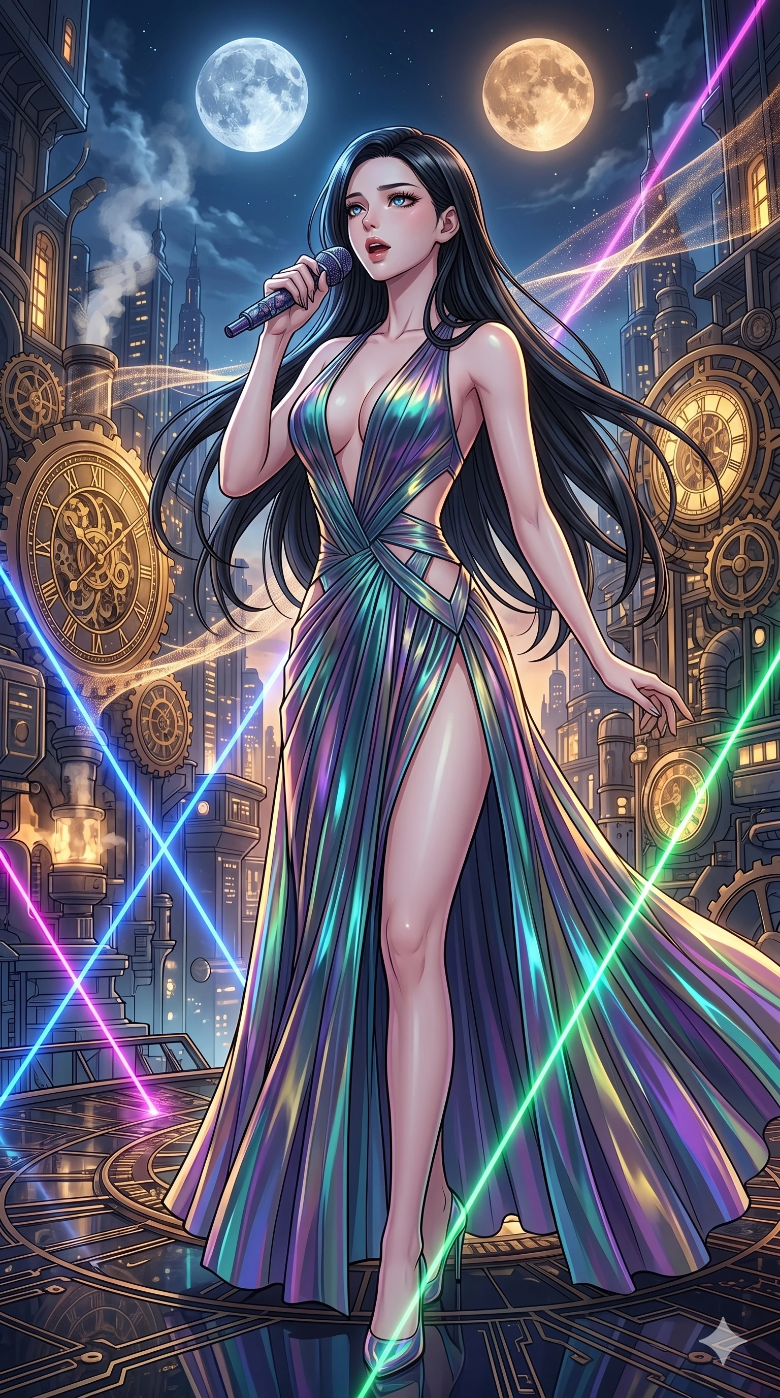 score_9, masterpiece, best quality, ultra-detailed, high-budget anime movie keyframe, cinematic anime lighting, intricate line art, Japanese woman. Medium shot of upper body capturing the intricate details of her high-fashion attire. singing on a laser stage in a clockwork heart of a city under a twin-moon sky. She has an absolutely perfect 8-heads proportion, an exceptionally tall and slender female figure with an ultra-slim waist and impossibly long slender legs. sharp v-shaped jawline, high-bridge nose, intricate jewel-like eyes, thick eyelashes, glossy lips. Wearing avant-garde high-fashion gown made of iridescent vinyl with a dangerously high side slit and a plunging neckline, revealing an ultra-slim waist and long slender legs. The scene is illuminated by dramatic atmospheric lighting and vibrant color palettes. , 2k, ultra detail, master piece, 9:16 ratio