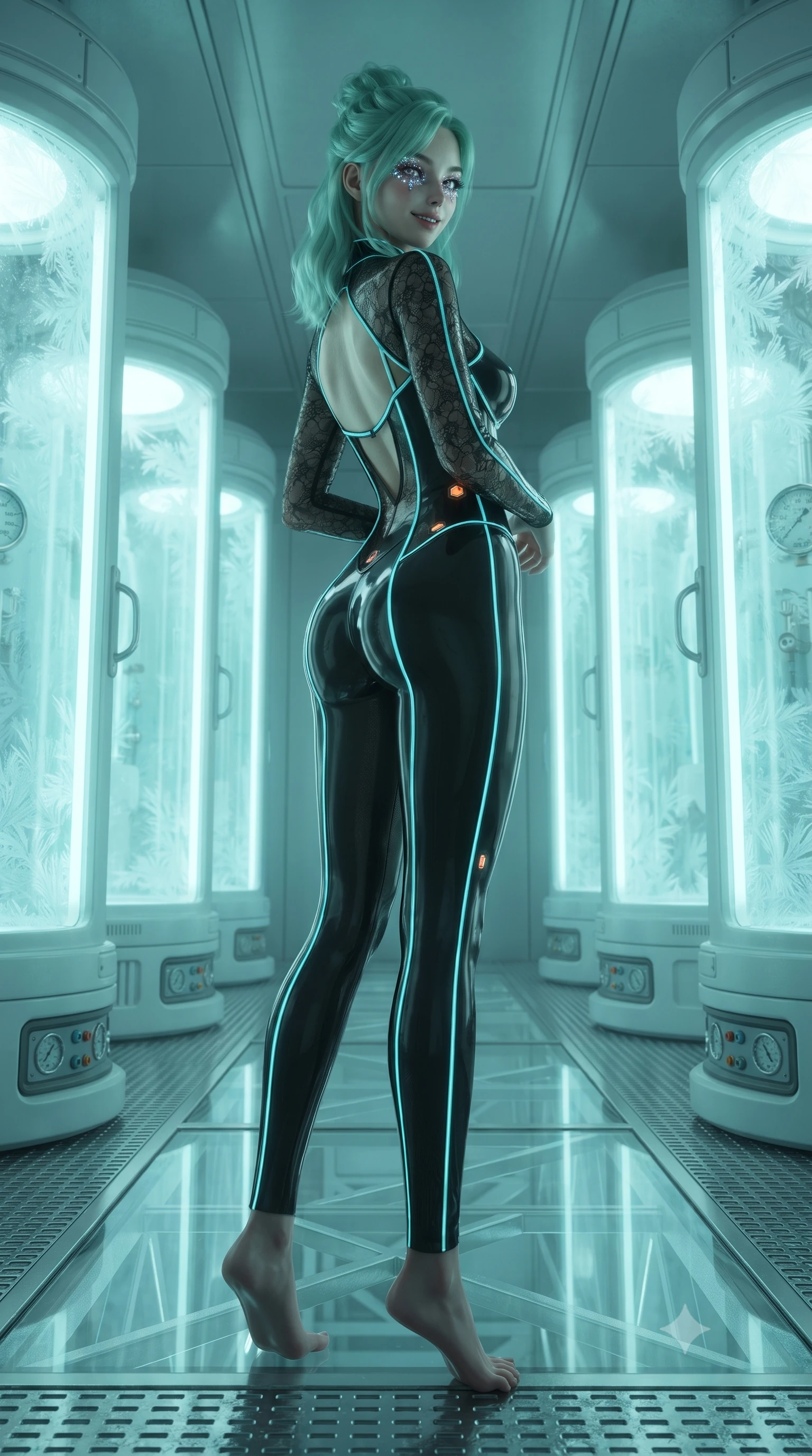 score_9, masterpiece, best quality, ultra-detailed, high-budget anime keyframe, editorial fashion photography, tasteful artistic composition, Japanese woman. low angle full-body shot from head to toe showing her feet, filling the entire 9:16 vertical frame with her statuesque presence, stretching her vertical silhouette. walking slowly along the transparent glass skybridge, looking back over her shoulder with an air of effortless grace and an alluring, smoldering smile while standing poised between rows of glowing vertical cryo-capsules, arching her back with ice-cold, sovereign elegance. The surrounding environment is rendered in vivid detail and crisp panoramic clarity: sharp frost rime on pod glass, cryogenic valve pressure dials, and textured steel floor grating in deep focus. She has an absolutely perfect, statuesque 8.5-heads proportion, an exceptionally tall and slender model-like female figure with impossibly long slender legs, an ultra-slim waist, a flat toned midriff, narrow delicate ribcage, and beautifully sculpted feminine hips creating a graceful, slim hourglass silhouette without any bulky heaviness. sharp v-shaped jawline, high-bridge nose, intricate jewel-like sparkling eyes with depth, thick eyelashes, glossy parted lips with a natural sheen, bright confident smile with an enchanting and coquettish sensual glint, exuding both youthful magnetic charm and sovereign high-tech allure, flawlessly proportioned anatomical accuracy, strict slender model proportions, natural body alignment, perfectly sculpted long slender limbs, ultra-slim waistline, clean dynamic posture without body distortion. wearing a sheer technical lace and carbon composite bodysuit with architectural cup boning and open back in matte obsidian black and glowing neon cyan trim, tailored from ultra-reflective glossy liquid vinyl with mirror-like specular highlights, accented with subtle hexagonal heat-sink vents glowing with dim orange thermal heat, the aerodynamic second-skin silhouette tightly following the natural contour of her hips and long slender legs with youthful 8.5-heads elegance. bathed in soft icy cyan and pale aquamarine glow emitted from stasis pod interiors. ultra-reflective glossy finish, specular highlights, rich textural contrasts, high-contrast stereoscopic depth, volumetric dynamic lighting, 2k, ultra detail, master piece, 9:16 ratio