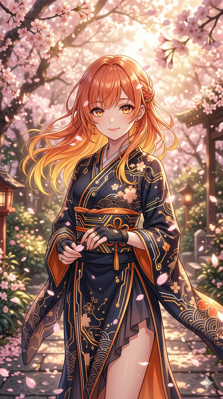 score_9, masterpiece, best quality, ultra-detailed, high-budget anime keyframe, an incredibly beautiful Japanese woman. Medium shot of upper body focusing on her cute features and her flowing sunset-orange hair with golden yellow tips, filling the vertical 9:16 frame. She is standing in a spring garden with cherry blossom petals falling around her. She has a sharp v-shaped jawline and intricate jewel-like amber eyes. She is wearing a modern tech-kimono with a high-cut slit, highlighting her slender silhouette. Golden hour sunlight, soft diffused lighting, volumetric particles, 2k, ultra detail, master piece, 9:16 ratio