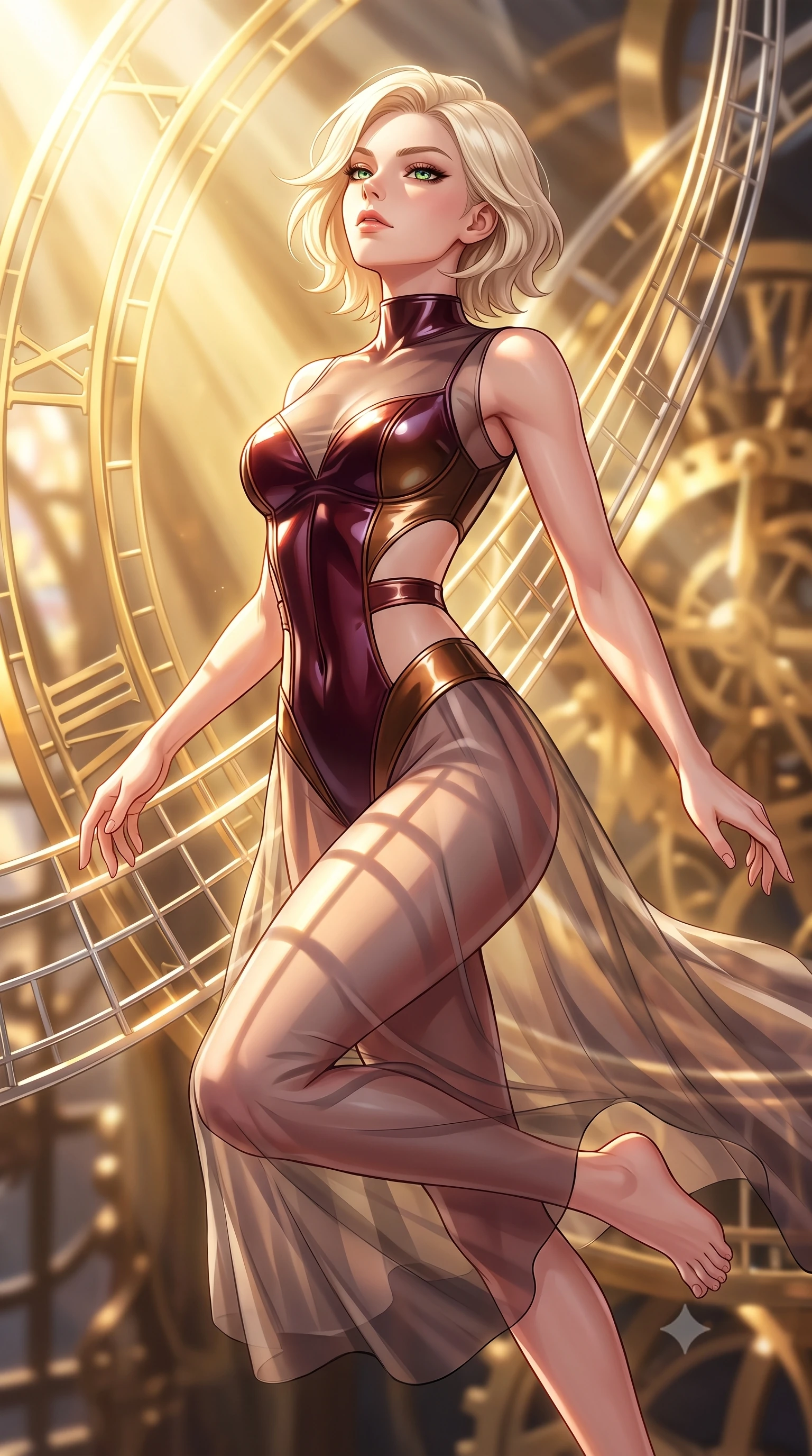 score_9, masterpiece, best quality, ultra-detailed, high-budget anime keyframe, editorial fashion photography, tasteful artistic composition, Caucasian woman. close-up cowboy shot from the waist and thighs up, the character dominates the composition, filling the frame with her large presence, background elements kept in soft focus. Tilting her chin up with an air of effortless superiority while balancing dynamically amidst the scene while leaping through intense volumetric sunbeams filtering through a giant golden solar clockwork, platinum wire lattices reflecting intense warm sunlight with brilliant metallic luster. She has an exceptionally elegant, slender, and willowy female figure with an ultra-slim waist, a gracefully sculpted slender torso, and a refined silhouette. sharp v-shaped jawline, high-bridge nose, intricate jewel-like eyes with depth, thick eyelashes, glossy lips with a natural sheen, flawlessly proportioned anatomical accuracy, natural body alignment, perfectly sculpted elegant limbs, clean dynamic posture without body distortion. wearing a semi-opaque sheer overlay dress over a leather micro-bodysuit in deep burgundy and bronze, tailored from high-gloss patent leather, featuring clean architectural cutouts along her slender torso, the glove-like fit emphasizing her statuesque silhouette during motion. illuminated by a majestic golden key light casting sharp dynamic shadow grids. highly saturated vibrant anime colors, detailed shading with soft gradients, rich glossy textures, high-contrast stereoscopic depth, volumetric dynamic lighting, master piece, 9:16 ratio