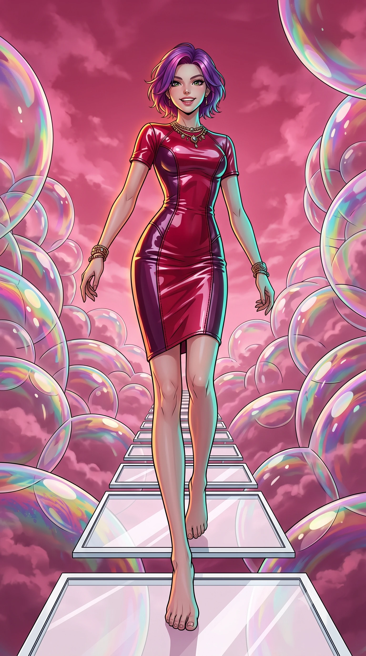 score_9, masterpiece, best quality, ultra-detailed, high-budget anime keyframe, editorial fashion photography, tasteful artistic composition, gorgeous anime illustration, with clean line-art, distinct ink outlines, and high-contrast stereoscopic depth, Caucasian woman, strictly human ears. low angle full-body shot from head to toe showing her feet, filling the entire 9:16 vertical frame with her statuesque presence, stretching her vertical silhouette. ascending with a radiant, excited smile through on a path of white glass in a valley constructed of massive soap bubbles that reflect oil-slick iridescent colors, drifting gently in a pink sky. She has a statuesque 8.5-heads proportion, an exceptionally tall, slender and willowy model-like build with impossibly long legs and a highly sculpted ultra-slim waist. sharp v-shaped jawline, high-bridge nose, intricate jewel-like eyes with depth, thick eyelashes, glossy lips with a natural sheen. wearing a glossy vinyl-effect pencil dress in dual-tone cherry red and plum, sculpting her slender silhouette with lacquered perfection. warm amber rim lighting combined with cool teal fill light creating dramatic contrast. 2k, ultra detail, master piece, 9:16 ratio, highly saturated vibrant anime colors, detailed cel-shading with soft gradients, rich glossy textures, deep contrast, volumetric dynamic lighting, 2d animation style