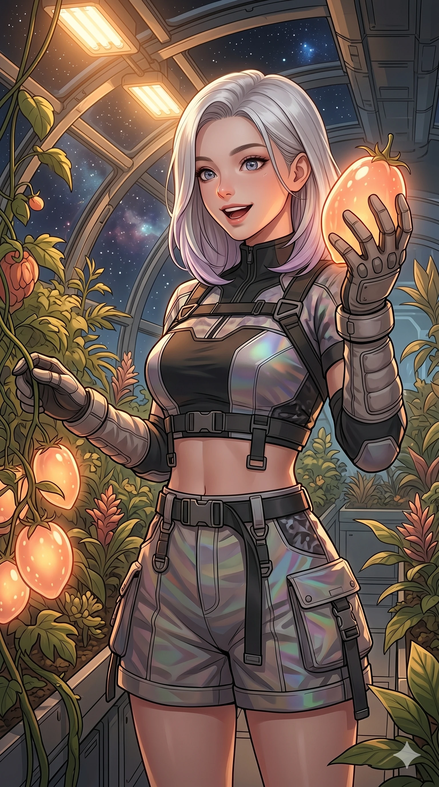 score_9, masterpiece, best quality, ultra-detailed, high-budget anime keyframe, editorial fashion photography, tasteful artistic composition, Caucasian woman, strictly human ears. Upper body close-up from the thighs up, character filling the screen for maximum presence. Inside a space station greenhouse, picking space fruit, holding a glowing fruit in her hand with a happy, excited expression. She is wearing a cropped tech-wear top, utility shorts, and protective gloves. The scene is lit by warm sun lamps and the soft orange glow of the fruit. 2k, ultra detail, master piece, 9:16 ratio