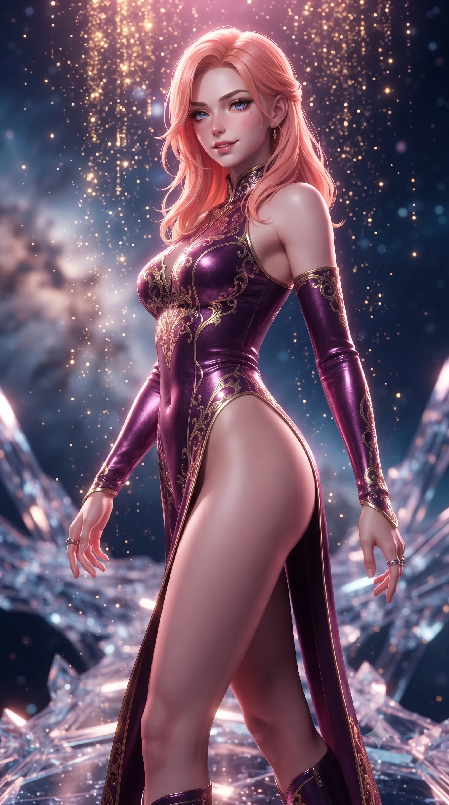 score_9, masterpiece, best quality, ultra-detailed, high-budget anime keyframe, editorial fashion photography, tasteful artistic composition, Japanese woman. close-up cowboy shot from the waist and thighs up, the character dominates the composition, filling the frame with her large presence, background elements kept in soft focus. Glancing sidelong over her shoulder with a smoldering half-smile and heavy lashes stepping along a crystalline cosmic bridge in deep space, starlight particles falling like a golden shower around her. She has an exceptionally elegant, slender, and willowy female figure with an ultra-slim waist, a gracefully sculpted slender torso, and a refined silhouette. sharp v-shaped jawline, high-bridge nose, intricate jewel-like eyes with depth, thick eyelashes, glossy lips with a natural sheen. wearing an asymmetrical high-cut tech-bodysuit with detached sleeves in plum purple and gold filigree, made of premium stretch velvet with a rich sheen, finished with a sleek side slit ascending to mid-thigh, the form-contouring material highlighting her ultra-slim waist and long lines. bathed in radiant cosmic pink and deep navy blue ambient light. ultra-reflective glossy finish, specular highlights, metallic sheen, high-contrast stereoscopic depth, volumetric dynamic lighting, 2k, ultra detail, master piece, 9:16 ratio