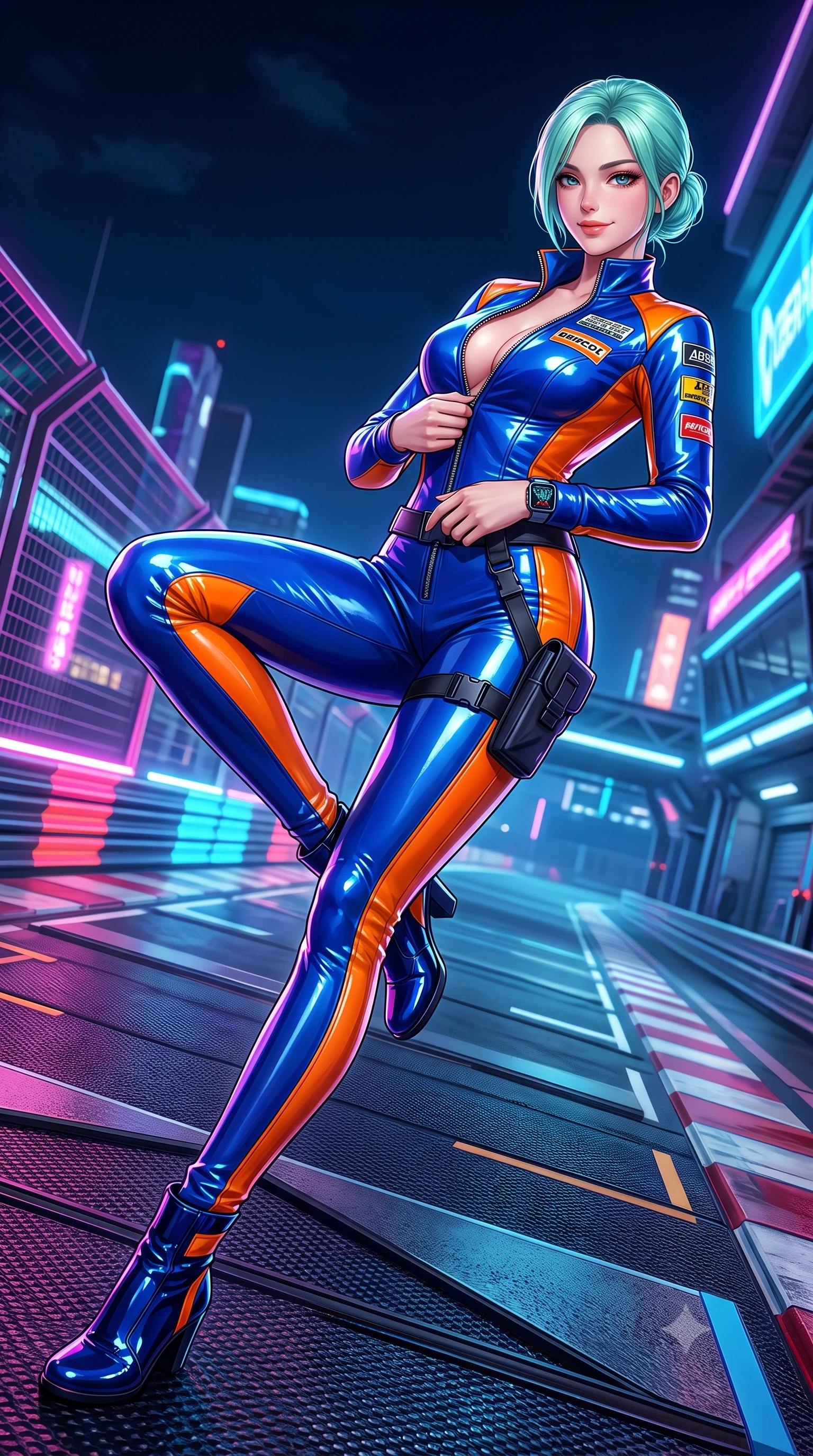 score_9, masterpiece, best quality, ultra-detailed, high-budget anime keyframe, semi-realistic 3D game render, editorial fashion photography, tasteful artistic composition, Japanese woman. low angle full-body shot from head to toe showing her feet, filling the entire 9:16 vertical frame with her statuesque presence, stretching her vertical silhouette. reclining back languidly with one knee bent and spine arched in a breathtaking dancer line, commanding the entire 9:16 vertical frame while unzipping her leather racing suit with a slow, teasing smile, eyes locked with daring magnetism on the viewer. The surrounding environment is rendered in vivid detail and crisp panoramic clarity. vibrant high-contrast cyberpunk motorsport chiaroscuro and raw high-speed racing adrenaline in precision. She has an absolutely perfect, statuesque 8.5-heads proportion, an exceptionally tall and slender model-like female figure with impossibly long slender legs, a toned flat midriff, and an ultra-slim waist. sharp v-shaped jawline, high-bridge nose, intricate jewel-like eyes with depth, thick eyelashes, glossy parted lips with a natural sheen, intensely captivating and seductive expression, flawlessly proportioned anatomical accuracy, strict slender model proportions, natural body alignment, perfectly sculpted long slender limbs, ultra-slim waistline, clean dynamic posture without body distortion. wearing a high-gloss patent leather racing catsuit with an open front zipper and high stand collar in electric cobalt blue and high-contrast orange, tailored from supple second-skin lambskin leather adhering to her curves, equipped with a low-slung utility holster and racing telemetry smartwatch, the athletic second-skin cut highlighting her toned flat midriff and slender model proportions during dynamic action. surrounded by a fierce, electrifying, and irresistibly intoxicating motorsport queen aura. highly saturated vibrant anime colors, detailed shading with soft gradients, rich glossy textures, high-contrast stereoscopic depth, volumetric dynamic lighting, master piece, 9:16 ratio