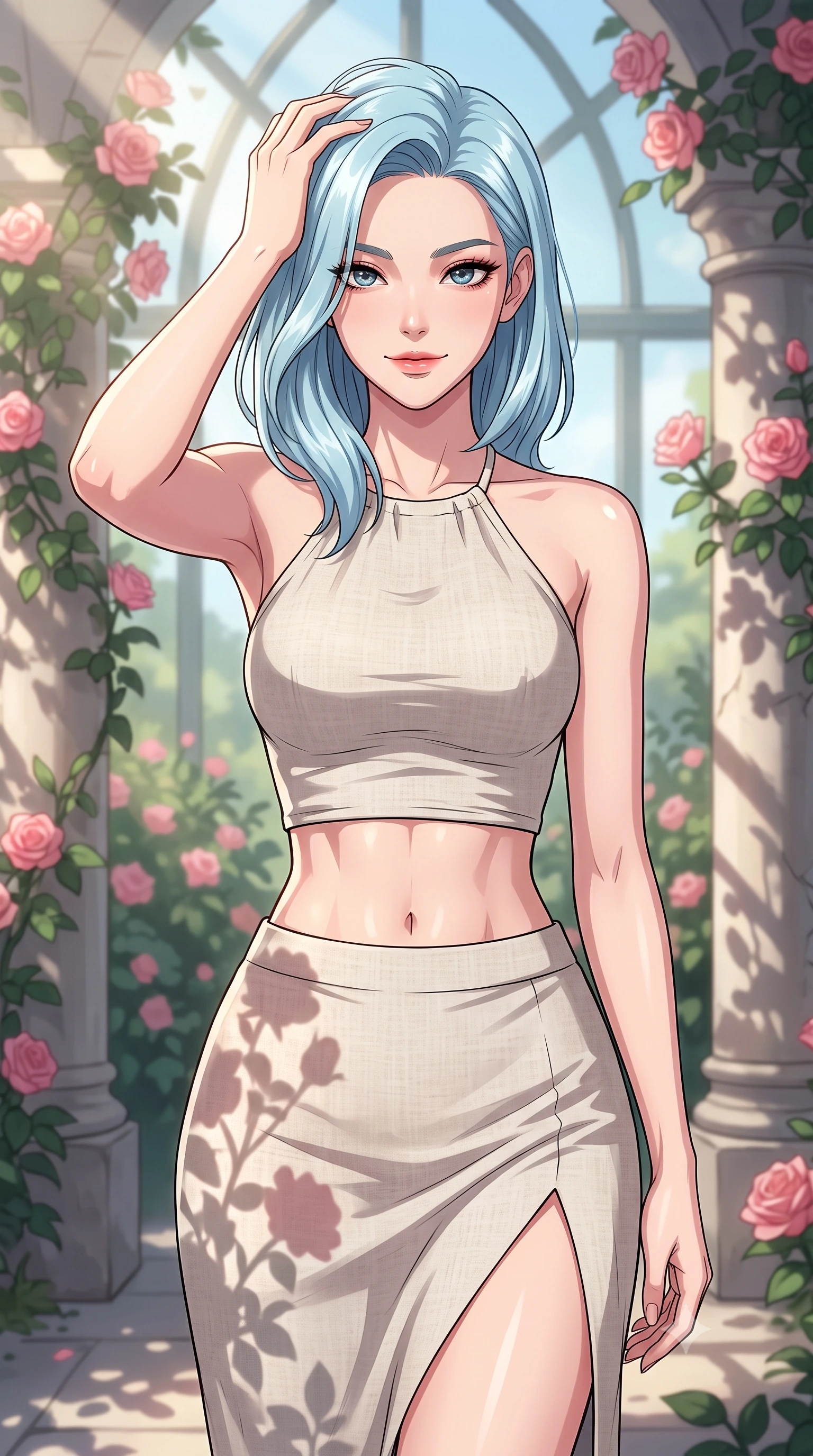 score_9, masterpiece, best quality, ultra-detailed, high-budget anime keyframe, tasteful artistic composition, Korean woman. close-up cowboy shot from the waist and thighs up, the character dominates the composition, filling the frame with her large presence, background elements kept in soft focus. smiling with quiet, magnetic self-assurance directly into the camera, running a hand through her hair the background shows a soft-focus a secluded rose garden glasshouse with climbing pink roses and stone pillars. She has an exceptionally elegant, slender, and willowy female figure with an ultra-slim waist, a gracefully sculpted slender torso, and a refined silhouette. sharp v-shaped jawline, high-bridge nose, intricate jewel-like eyes with depth, thick eyelashes, glossy lips with a natural sheen. wearing a body-hugging linen halter-neck crop top paired with a matching high-slit midi skirt, revealing a sculpted midriff. soft morning sunrays casting elegant shadows of the roses and leaves. highly saturated vibrant anime colors, cel-shading, 2d style, master piece, 9:16 ratio