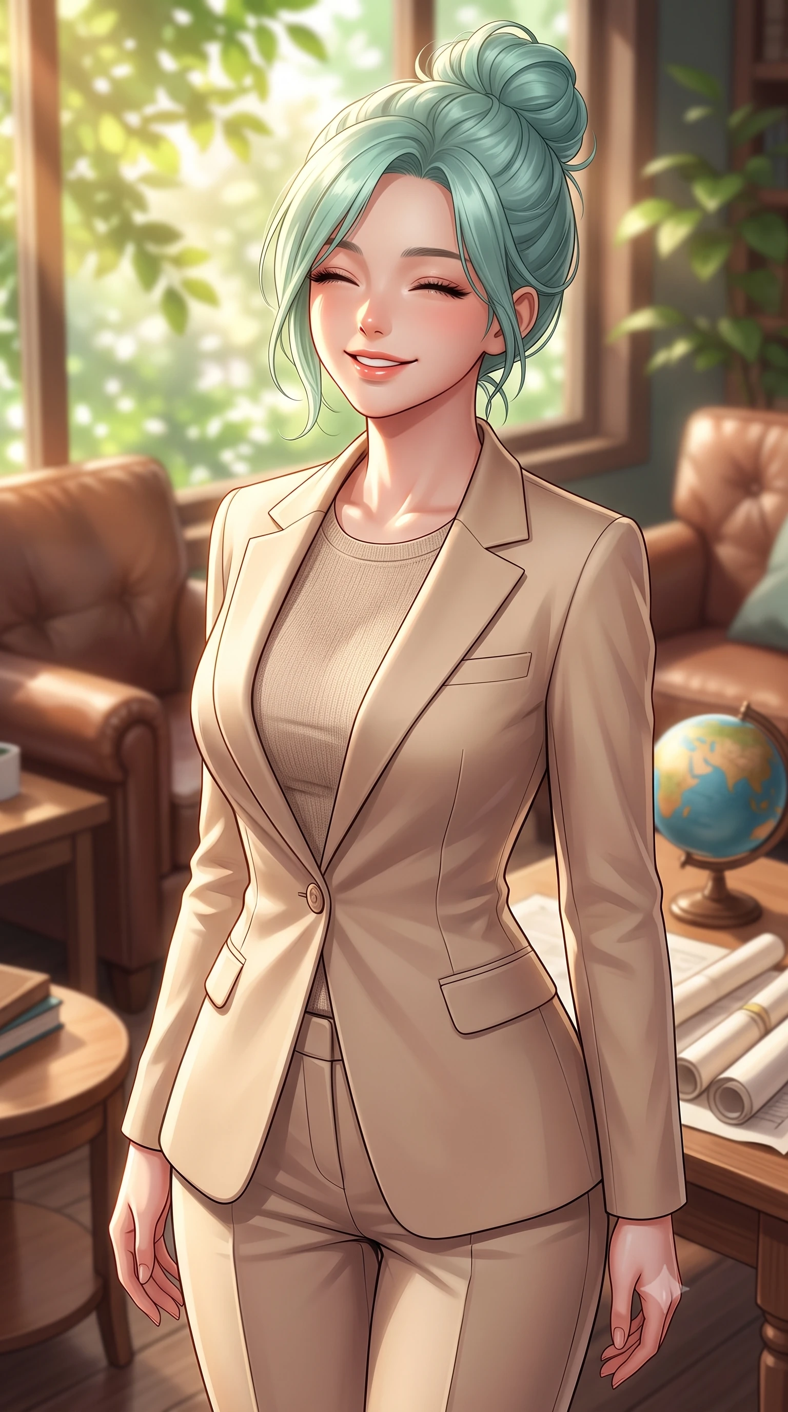 score_9, masterpiece, best quality, ultra-detailed, high-budget anime keyframe, editorial fashion photography, tasteful artistic composition, Japanese woman. close-up cowboy shot from the waist and thighs up, the character dominates the composition, filling the frame with her large presence, background elements kept in soft focus. smiling happily with closed eyes, enjoying the warm sunbeams on her face set against a soft-focus background of in a cozy book cafe corner with leather armchairs and wooden side tables with a small desk globe and paper rolls arranged on the study table. She has an exceptionally elegant, slender, and willowy female figure with an ultra-slim waist, a gracefully sculpted slender torso, and a refined silhouette. sharp v-shaped jawline, high-bridge nose, intricate jewel-like eyes with depth, thick eyelashes, glossy lips with a natural sheen. wearing slim-fit sleek tailored blazer in beige, worn closed over a slim-fit knit top and slim trousers. soft afternoon daylight filtered through green leaves outside the window. highly saturated vibrant anime colors, detailed shading with soft gradients, rich glossy textures, high-contrast stereoscopic depth, volumetric dynamic lighting, master piece, 9:16 ratio