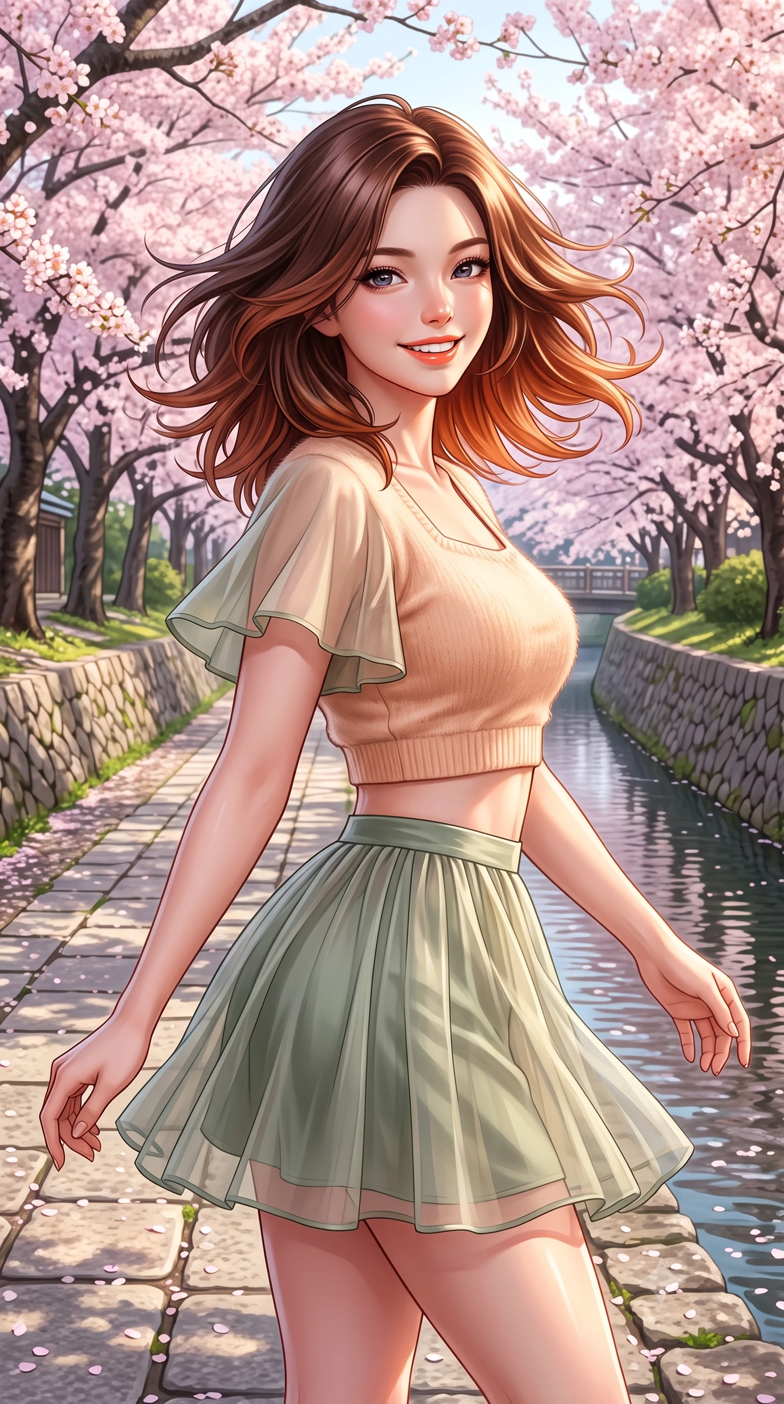 score_9, masterpiece, best quality, ultra-detailed, high-budget anime keyframe, semi-realistic 3D game render, editorial fashion photography, tasteful artistic composition, Korean woman. close-up cowboy shot from the waist and thighs up, the character dominates the composition, filling the frame with her large presence. turning playfully with a bright confident smile, her glossy hair tossing in the breeze as her hips angle gracefully in a captivating contrapposto while walking gracefully along the stone canal pathway beneath hundreds of blooming cherry trees, arching her lower back with a bright, charming smile. The surrounding environment is rendered in vivid detail and crisp panoramic clarity. detailed silk dress drape, soft sun glints on skin, and Philosopher's Path landscape clarity in high resolution. She has an exceptionally elegant, slender, and willowy female figure with an ultra-slim waist, flat toned midriff, narrow ribcage, and sculpted feminine hips creating an alluring, slim hourglass silhouette without bulk. sharp v-shaped jawline, high-bridge nose, intricate jewel-like sparkling eyes with depth, thick eyelashes, glossy parted lips with a natural peach sheen, bright cheerful beaming smile with an enchanting and coquettish sensual glint, exuding both youthful cute charm and seductive allure, flawlessly proportioned anatomical accuracy, strict slender model proportions, natural body alignment, perfectly sculpted long slender limbs, ultra-slim waistline, clean dynamic posture without body distortion. wearing a soft angora crop knit sweater with a sheer pleated organza mini skirt over an opaque silk slip in soft apricot and sage green, crafted from soft breathable linen with effortless natural drape, featuring elegant flutter sleeves and a graceful square neckline, the glove-like silhouette tightly following the natural contour of her hips and long slender legs with youthful 8.5-heads elegance. illuminated by calm water reflections sharply sculpting her sculpted cheekbones, ultra-slim waist, and curvy hips. highly saturated vibrant anime colors, detailed shading with soft gradients, rich glossy textures, high-contrast stereoscopic depth, volumetric dynamic lighting, master piece, 9:16 ratio