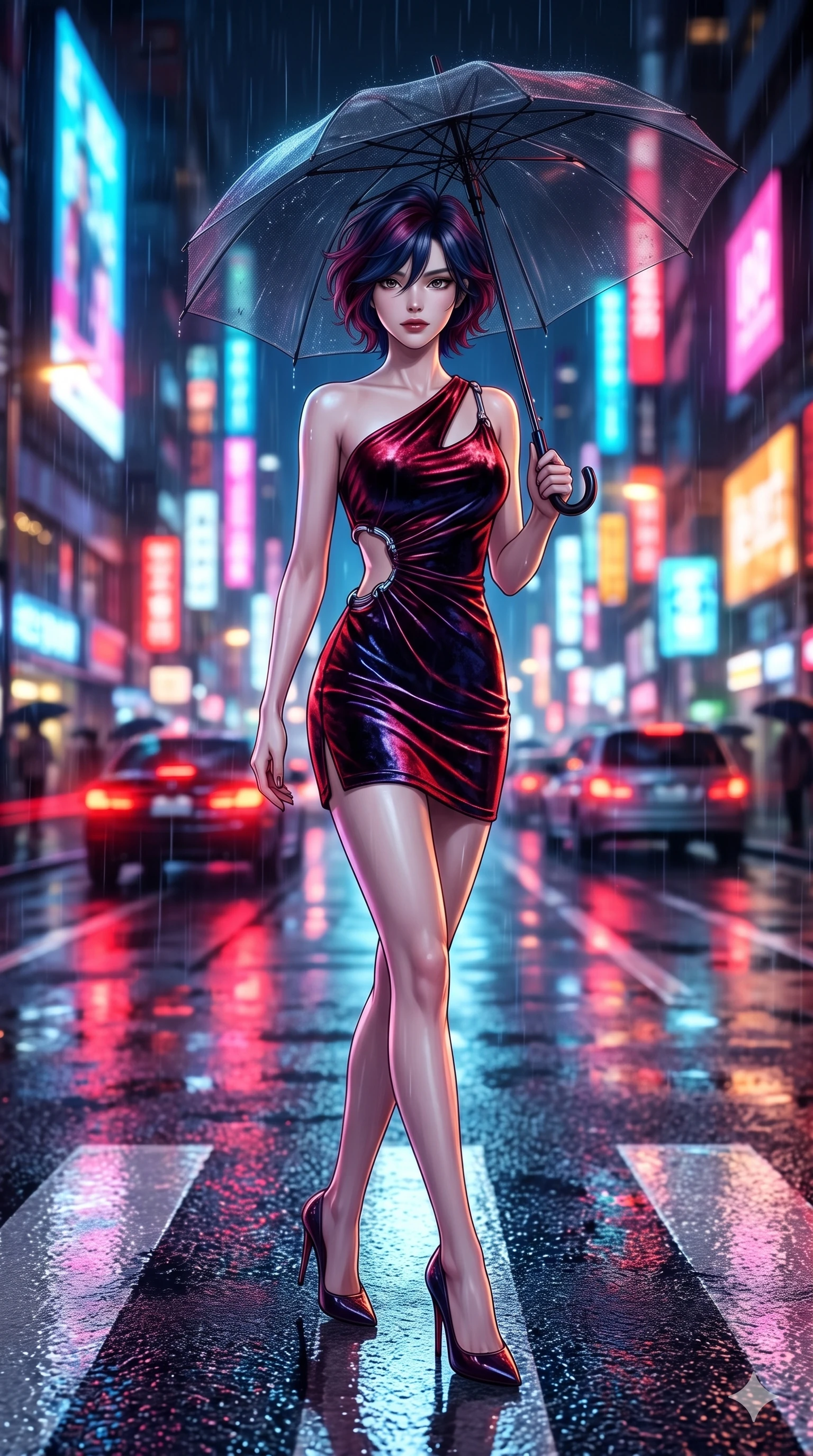 score_9, masterpiece, best quality, ultra-detailed, high-budget anime keyframe, semi-realistic 3D game render, editorial fashion photography, tasteful artistic composition, Korean woman. low angle full-body shot from head to toe showing her feet, filling the entire 9:16 vertical frame with her statuesque presence, stretching her vertical silhouette. walking dynamically down the glistening wet asphalt alley beneath a translucent black umbrella, hips swaying gracefully in a captivating supermodel rhythm while pausing mid-stride on the wet white zebra crossing as traffic reflections shimmer beneath her stiletto heels, arching her back with sovereign grace. The background shows a soft-focus towering neon LED video screens, streaking red car taillights, and wet pedestrian crosswalk blurred into scarlet, cyan, and amber bokeh. She has an exceptionally tall and slender model-like 8.5-heads proportion, an ultra-slim waist, a flat toned midriff, narrow delicate ribcage, and beautifully sculpted feminine hips creating a graceful, slim hourglass silhouette without any bulky heaviness, with impossibly long slender legs. sharp v-shaped jawline, high-bridge nose, intricate jewel-like dark sparkling eyes with dangerous depth, thick curled eyelashes, glossy parted lips with a rich wine sheen, smoldering seductive half-smile with bedroom-eyes, exuding effortless superiority and intoxicating dark allure, flawlessly proportioned anatomical accuracy, strict slender model proportions, natural body alignment, perfectly sculpted long slender limbs, ultra-slim waistline, clean dynamic posture without body distortion. wearing an asymmetric one-shoulder liquid mercury metallic mini dress hugging her narrow waist and curvy hips in Tokyo Tower scarlet crimson and midnight indigo, tailored from crushed dark velvet with deep light-absorbing plush texture, accented with sculptural chrome hardware rings framing the subtle cutouts, the form-contouring cut accentuating her sculpted flat midriff, narrow delicate ribcage, and gracefully curvy hips with intoxicating allure. bathed in multi-colored cybernetic neon floods shifting between cobalt blue, hot pink, and radiant amber. highly saturated vibrant anime colors, detailed shading with soft gradients, rich glossy textures, high-contrast stereoscopic depth, volumetric dynamic lighting, master piece, 9:16 ratio