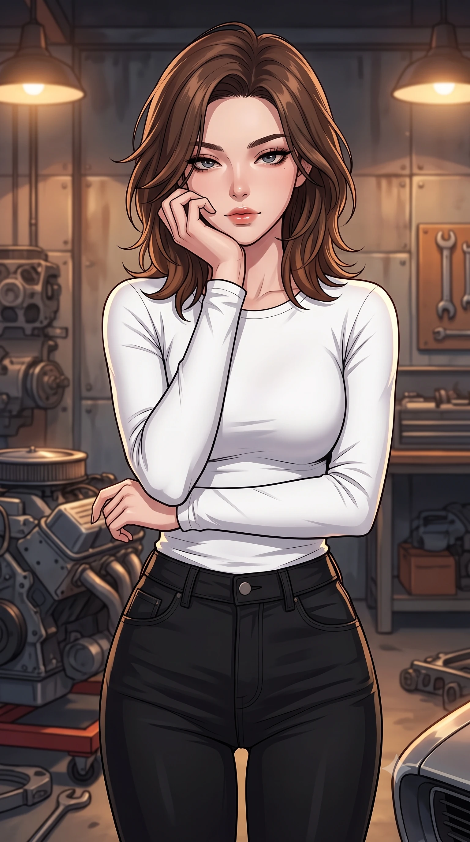 score_9, masterpiece, best quality, ultra-detailed, high-budget anime keyframe, tasteful artistic composition, Korean woman. close-up cowboy shot from the waist and thighs up, the character dominates the composition, filling the frame with her large presence, background elements kept in soft focus. resting her chin on the backs of her fingers, casting a heavy-lidded, sultry look past the camera the background shows a soft-focus a vintage car restoration hangar filled with engine blocks and metallic tools. She has an exceptionally elegant, slender, and willowy female figure with an ultra-slim waist, a gracefully sculpted slender torso, and a refined silhouette. sharp v-shaped jawline, high-bridge nose, intricate jewel-like eyes with depth, thick eyelashes, glossy lips with a natural sheen. wearing a form-contouring tight-fitting long-sleeve tee in pure white, tucked into high-waisted black skinny pants. warm industrial lamps casting cozy, soft shadows on the metal panels. highly saturated vibrant anime colors, cel-shading, 2d style, master piece, 9:16 ratio