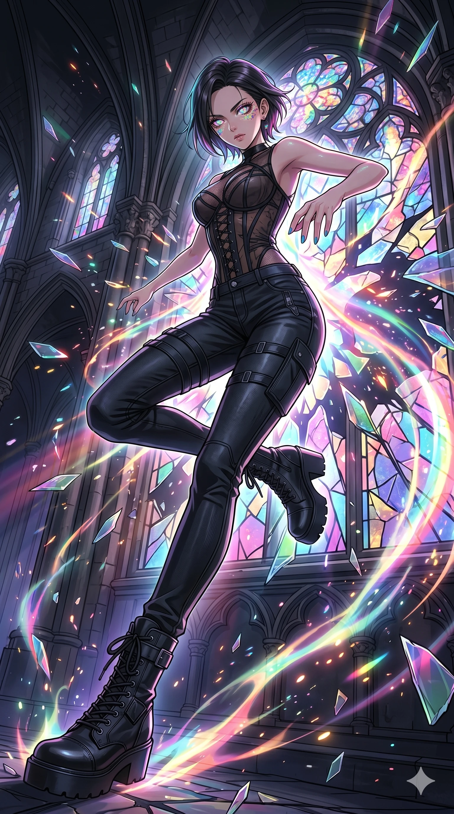 score_9, masterpiece, best quality, ultra-detailed, Set A: High-budget Anime Keyframe, Japanese woman. Low angle cowboy shot filling the entire 9:16 frame with her statuesque presence. Leaping through a shattered glass cathedral, while her eyes glow with 220 different colors and surrounded by glowing energy sparks. She has an absolutely perfect 8-heads proportion, an exceptionally tall and slender female figure with impossibly long slender legs and an ultra-slim waist. Sharp v-shaped jawline, high-bridge nose, intricate jewel-like eyes with depth, thick eyelashes, glossy lips with a natural sheen. Wearing Sheer corset top with high-waist tech-denim and heavy platform combat boots. Cinematic lighting, vibrant colors, dramatic shadows, 2k, ultra detail, master piece, 9:16 ratio