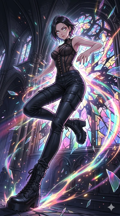 score_9, masterpiece, best quality, ultra-detailed, Set A: High-budget Anime Keyframe, Japanese woman. Low angle cowboy shot filling the entire 9:16 frame with her statuesque presence. Leaping through a shattered glass cathedral, while her eyes glow 