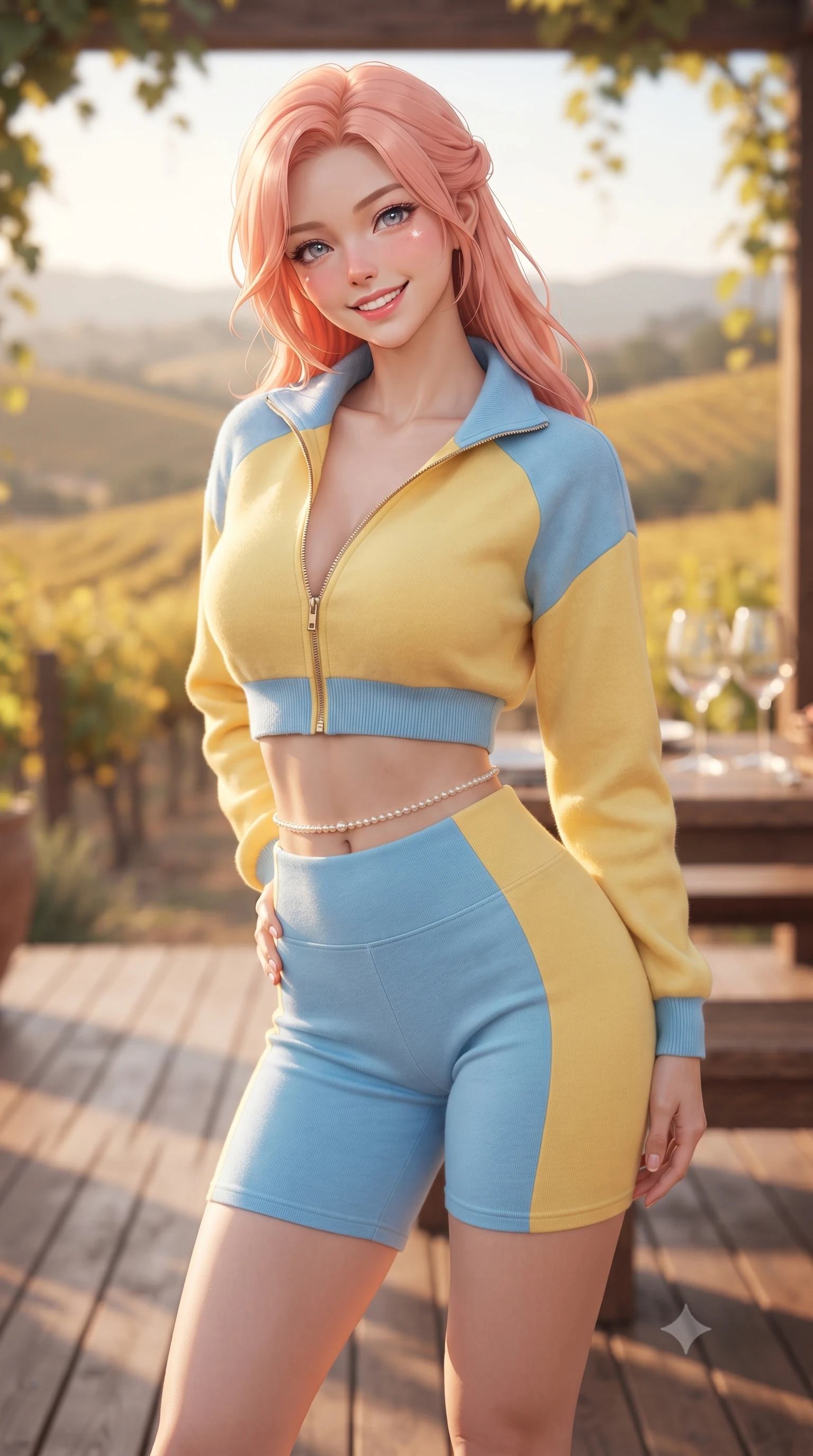 score_9, masterpiece, best quality, ultra-detailed, high-budget anime keyframe, editorial fashion photography, tasteful artistic composition, Japanese woman. close-up cowboy shot from the waist and thighs up, the character dominates the composition, filling the frame with her large presence. tilting her head with a cute beaming smile while arching her spine with effortless dancer poise, one hand sliding along her hip line in a flirtatious S-curve while standing on the rustic teak terrace overlooking rolling golden vine-covered hills, arching her back with a dazzling, sun-kissed smile. The composition keeps background elements in soft focus with dreamy creamy bokeh. grapevine pergolas and crystal wine glasses softened in relaxed Californian wine country shallow focus. She has an exceptionally elegant, slender, and willowy female figure with an ultra-slim waist, flat toned midriff, narrow ribcage, and sculpted feminine hips creating an alluring, slim hourglass silhouette without bulk. sharp v-shaped jawline, high-bridge nose, intricate jewel-like sparkling eyes with depth, thick eyelashes, glossy parted lips with a natural peach sheen, bright cheerful beaming smile with an enchanting and coquettish sensual glint, exuding both youthful cute charm and seductive allure, flawlessly proportioned anatomical accuracy, strict slender model proportions, natural body alignment, perfectly sculpted long slender limbs, ultra-slim waistline, clean dynamic posture without body distortion. wearing a sporty chic zip-up crop jacket paired with high-waisted biker shorts clinging to her athletic hips in sunny daffodil yellow and clear sky blue, crafted from soft cozy cashmere yarn with an airy drape, accented with a dainty pearl waist chain catching the ambient sunlight, the form-contouring cut accentuating her sculpted flat midriff, narrow delicate ribcage, and gracefully curvy hips with supermodel precision. illuminated by warm timber deck bounce light sharply defining her sculpted collarbones, ultra-slim waist, and curvy hips. ultra-reflective glossy finish, specular highlights, rich textural contrasts, high-contrast stereoscopic depth, volumetric dynamic lighting, 2k, ultra detail, master piece, 9:16 ratio