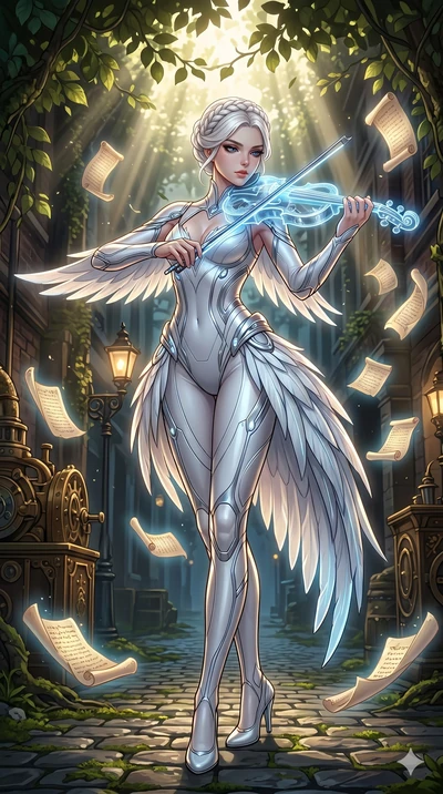score_9, masterpiece, best quality, ultra-detailed, Set A: High-budget Anime Keyframe, Japanese woman. Low angle cowboy shot filling the entire 9:16 frame with her statuesque presence. Theme: Primal Nature. playing a holographic violin in a steampunk