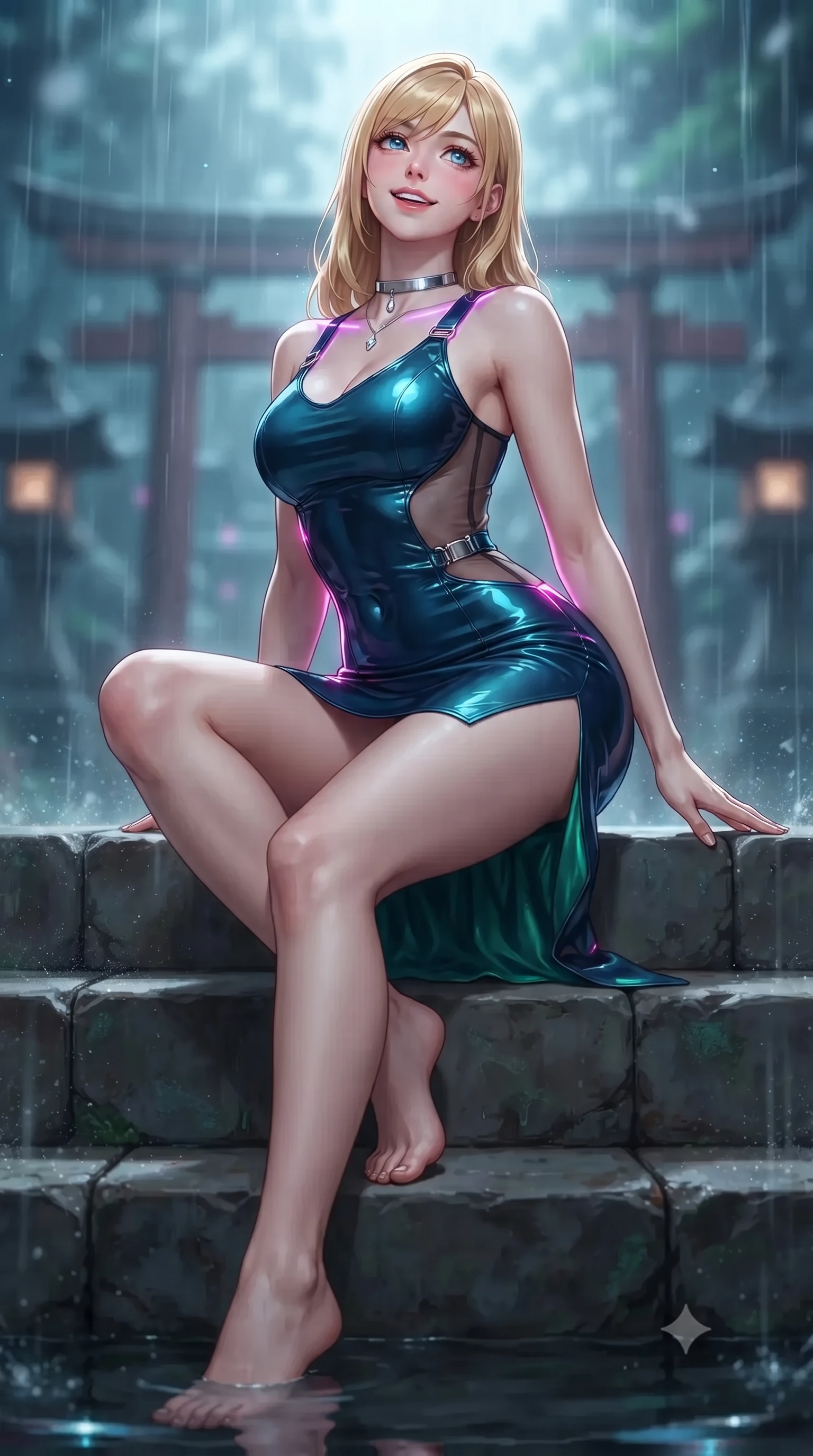 score_9, masterpiece, best quality, ultra-detailed, high-budget anime keyframe, editorial fashion photography, tasteful artistic composition, Caucasian woman. low angle full-body shot from head to toe showing her feet, filling the entire 9:16 vertical frame with her statuesque presence, stretching her vertical silhouette. sitting poised on the stone steps with one knee bent, arching her spine with supermodel elegance as she glances upward through thick eyelashes while twisting her slender torso in an alluring S-curve between glowing ritual energy conduits, ambient magenta reflections tracing her flat midriff and hourglass curves. The background shows a soft-focus translucent digital rain cascades softened in cyber-shinto sacred sanctuary shallow focus. She has an exceptionally tall and slender model-like 8.5-heads proportion, an ultra-slim waist, a flat toned midriff, narrow delicate ribcage, and beautifully sculpted feminine hips creating a graceful, slim hourglass silhouette without any bulky heaviness, with impossibly long slender legs. sharp v-shaped jawline, high-bridge nose, intricate jewel-like sparkling eyes with depth, thick eyelashes, glossy parted lips with a natural peach sheen, bright cheerful beaming smile with an enchanting and coquettish sensual glint, exuding both youthful cute charm and seductive allure, flawlessly proportioned anatomical accuracy, strict slender model proportions, natural body alignment, perfectly sculpted long slender limbs, ultra-slim waistline, clean dynamic posture without body distortion. wearing a provocative open-waist cutout mini dress framed by polished chrome hardware and thigh-high slit in abyssal ocean sapphire and bioluminescent emerald, featuring strategic sheer-illusion tulle side panels framing her ribcage and hips, finished with a minimalist chrome choker and a single teardrop diamond pendant, the liquid-tight tailored fabric clinging flawlessly to her narrow waist and rounded feminine hips, emphasizing every millimeter of her sculpted slim hourglass curves without any bulky heaviness. illuminated by mirrored water reflection bounce and sharp neon-violet rim lights defining her dewy collarbones, ultra-slim waist, and curvy hips. ultra-reflective glossy finish, specular highlights, rich textural contrasts, high-contrast stereoscopic depth, volumetric dynamic lighting, 2k, ultra detail, master piece, 9:16 ratio