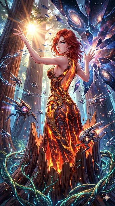 score_9, masterpiece, best quality, ultra-detailed, Set A: High-budget Anime Keyframe, Caucasian (human ears) woman. Upper body close-up from the thighs up, character filling the screen for maximum presence. Theme: Abstract Cosmic. shattering the fab