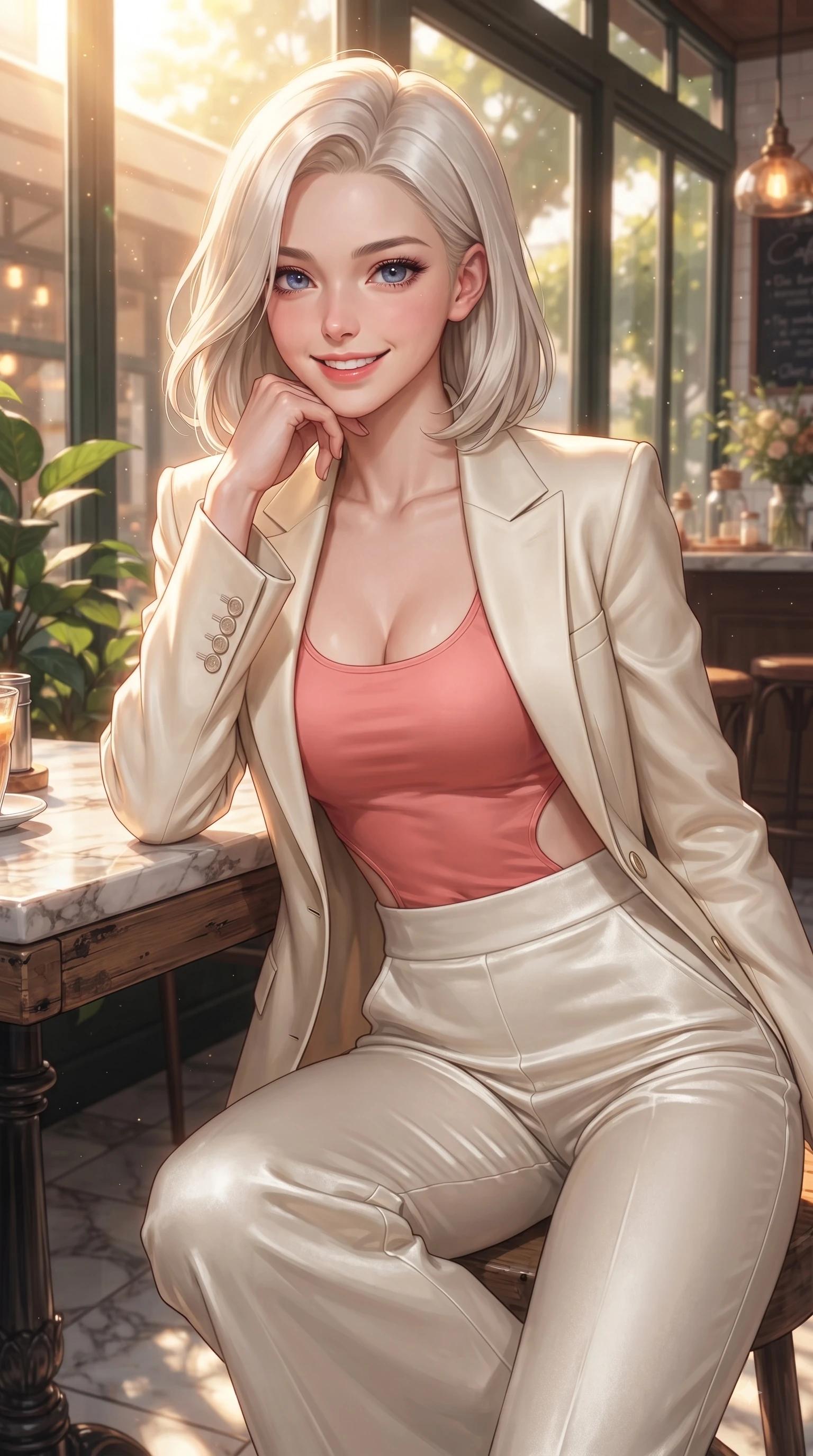 score_9, masterpiece, best quality, ultra-detailed, high-budget anime keyframe, editorial fashion photography, tasteful artistic composition, Caucasian woman. close-up cowboy shot from the waist and thighs up, the character dominates the composition, filling the frame with her large presence. Youthful bright smile exuding pure cute charm and fresh energy, her torso turning dynamically into the lens while resting her chin playfully on her hand at a rustic wooden table with a sweet smile. The surrounding environment is rendered in vivid detail and crisp panoramic clarity. intricate marble tabletop textures, green garden leaves, and cafe decor captured in deep focus. She has an exceptionally elegant, slender, and willowy female figure with an ultra-slim waist, a gracefully sculpted slender torso, and a refined silhouette. sharp v-shaped jawline, high-bridge nose, intricate jewel-like eyes with depth, thick eyelashes, glossy lips with a natural sheen, flawlessly proportioned anatomical accuracy, natural body alignment, perfectly sculpted elegant limbs, clean dynamic posture without body distortion. wearing a tailored cream silk blazer over a fitted scoop-neck camisole and slacks in vibrant coral pink and pure ivory, made of lustrous stretch velvet, complemented by clean architectural cutouts along her slender torso, the glove-like fit emphasizing her statuesque silhouette during motion. bathed in warm golden sunlight streaming through clean glass cafe windows. ultra-reflective glossy finish, specular highlights, metallic sheen, high-contrast stereoscopic depth, volumetric dynamic lighting, 2k, ultra detail, master piece, 9:16 ratio
