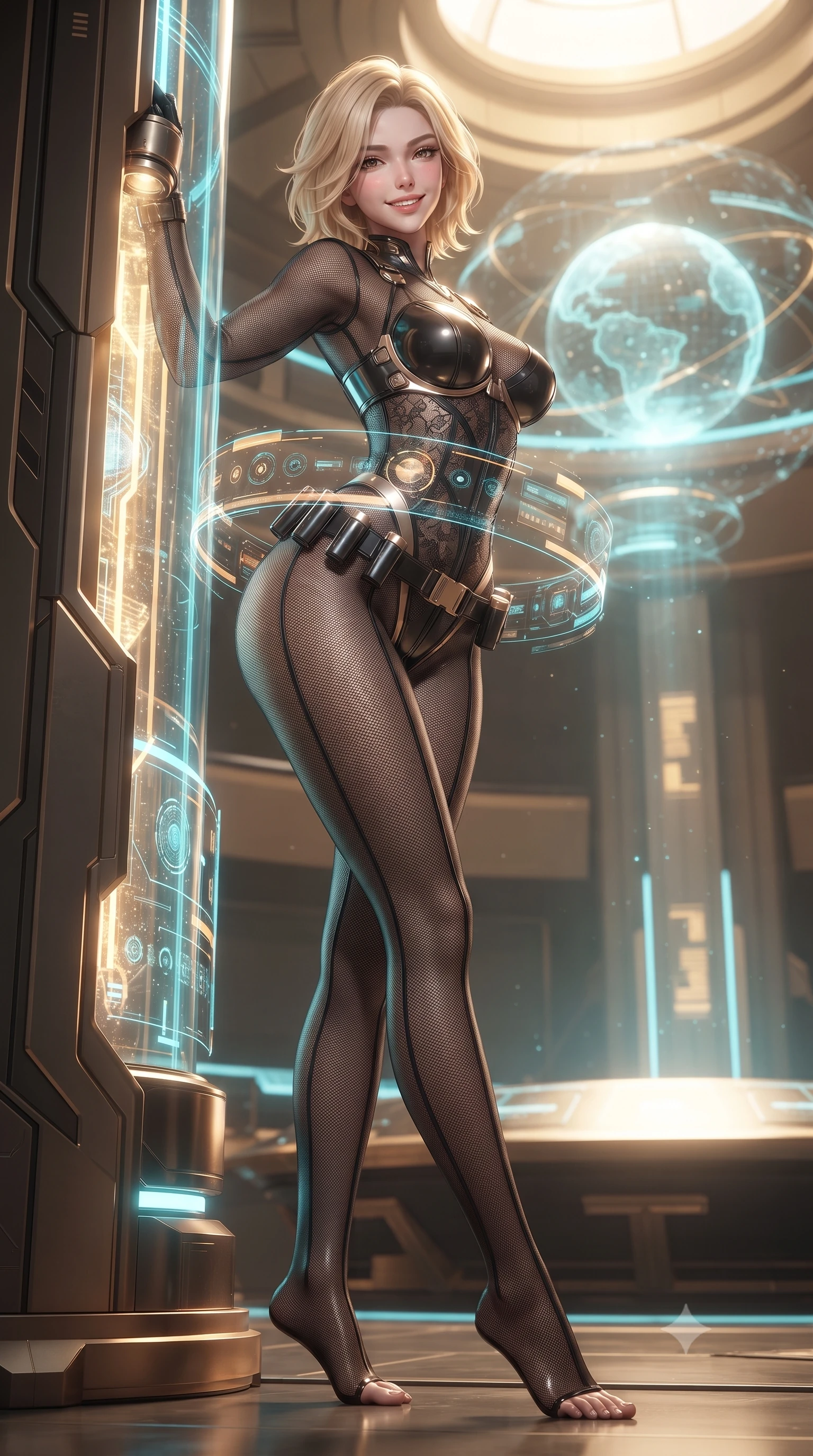 score_9, masterpiece, best quality, ultra-detailed, high-budget anime keyframe, editorial fashion photography, tasteful artistic composition, Caucasian woman. low angle full-body shot from head to toe showing her feet, filling the entire 9:16 vertical frame with her statuesque presence, stretching her vertical silhouette. leaning deep against the glowing energy conduit with hips cocked back in an unapologetically alluring high-fashion stance, flashing a warm beaming smile while twisting her slender torso in an alluring contrapposto stance, complex planetary data streams wrapping around her narrow waist and hips. The surrounding environment is rendered in vivid detail and crisp panoramic clarity: detailed tailored suit texture, digital data reflections on skin, and monumental government architecture in razor-sharp precision. She has an absolutely perfect, statuesque 8.5-heads proportion, an exceptionally tall and slender model-like female figure with impossibly long slender legs, an ultra-slim waist, a flat toned midriff, narrow delicate ribcage, and beautifully sculpted feminine hips creating a graceful, slim hourglass silhouette without any bulky heaviness. sharp v-shaped jawline, high-bridge nose, intricate jewel-like sparkling eyes with depth, thick eyelashes, glossy parted lips with a natural sheen, bright confident smile with an enchanting and coquettish sensual glint, exuding both youthful magnetic charm and sovereign high-tech allure, flawlessly proportioned anatomical accuracy, strict slender model proportions, natural body alignment, perfectly sculpted long slender limbs, ultra-slim waistline, clean dynamic posture without body distortion. wearing a form-contouring semi-opaque dark mesh catsuit with carbon-plated cups and fine lace-pattern panels across her torso in glossy onyx black and warm champagne gold hardware, tailored from brushed aeronautical titanium alloy with matte satin sheen, accented with a sleek utility belt with polished magnetic canisters resting loosely on her curvy hips, the form-fitting tactical tailoring adhering flawlessly to her sculpted flat midriff and slender torso, emphasizing her long leg lines and perfectly proportioned willowy build. bathed in regal gold and cyan holographic light radiating from the floating globe matrix. ultra-reflective glossy finish, specular highlights, rich textural contrasts, high-contrast stereoscopic depth, volumetric dynamic lighting, 2k, ultra detail, master piece, 9:16 ratio