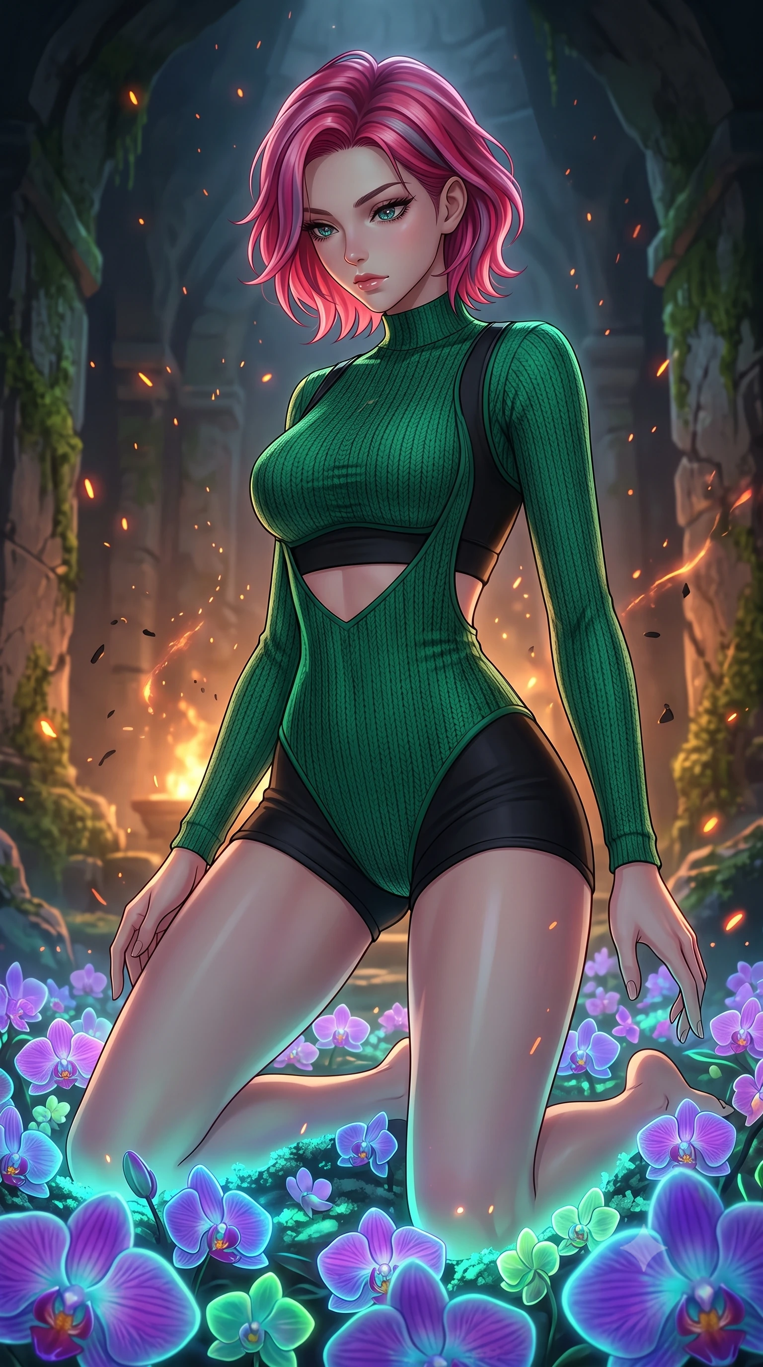score_9, masterpiece, best quality, ultra-detailed, High-budget Anime Keyframe, Caucasian woman, strictly human ears. Low angle cowboy shot filling the entire 9:16 frame with her statuesque presence. Scenario 433: kneeling on a soft bed of glowing neon orchids under a quiet chamber filled with glowing embers and floating ash particles. Her presence is magnetic and overpowering in this high-budget anime scene. Outfit 433: a tailored emerald green bodycon knit bodysuit worn over an opaque crop top and high-waisted shorts. The clothing is designed to emphasize her exceptionally tall and slender 8-heads proportion. 8-heads proportion, towering silhouette, ultra-slim waist. sharp v-shaped jawline, intricate jewel-like eyes with depth, thick eyelashes, glossy lips. 2k, ultra detail, master piece, 9:16 ratio
