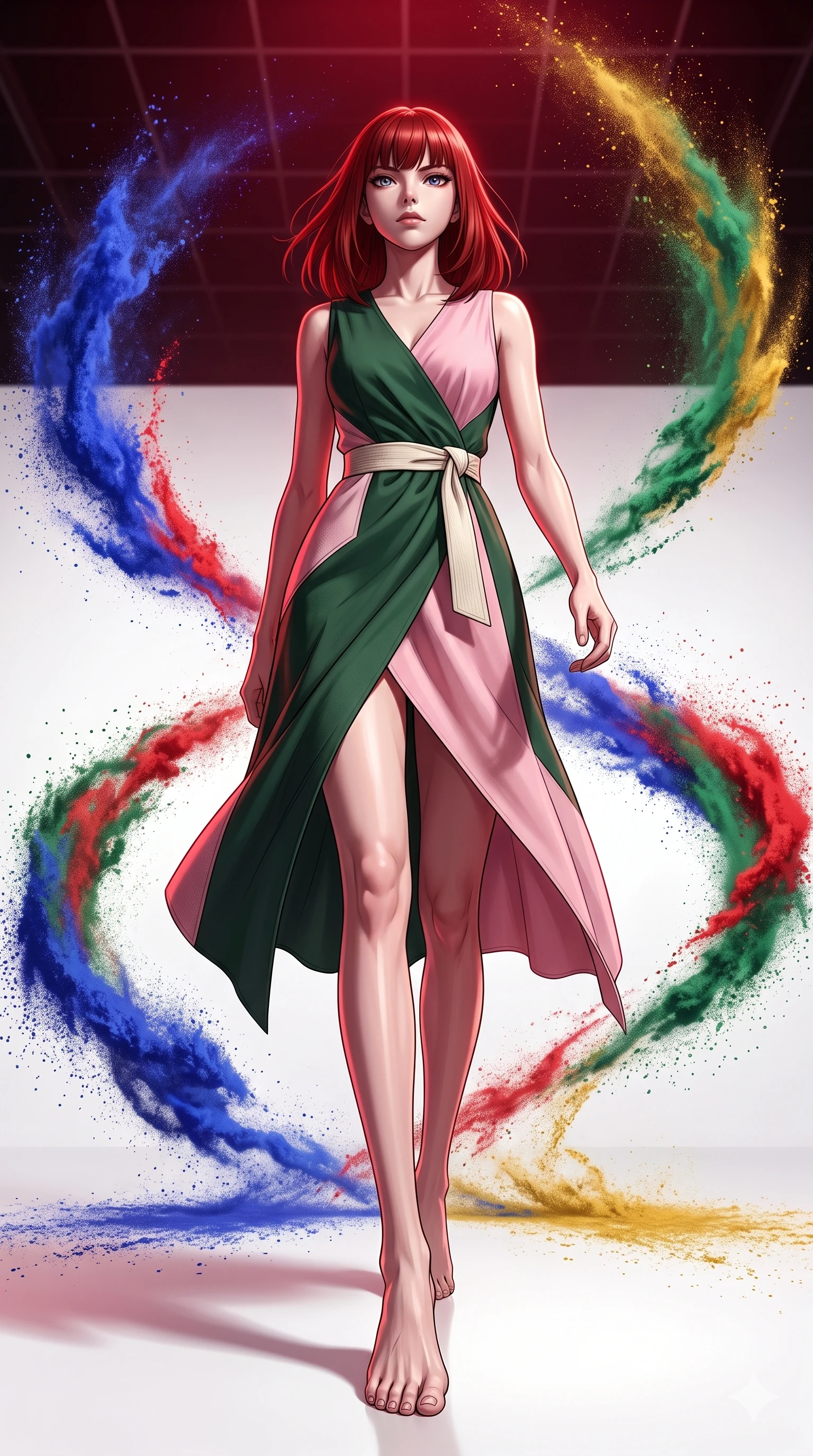 score_9, masterpiece, best quality, ultra-detailed, high-budget anime keyframe, editorial fashion photography, tasteful artistic composition, Caucasian woman, strictly human ears. low angle full-body shot from head to toe showing her feet, filling the entire 9:16 vertical frame with her statuesque presence, stretching her vertical silhouette. striding with confident determination through an artist's white studio where spiraling vortexes of pure dry pigment powder in vivid ultramarine cadmium red viridian and gold orbit around the center in hypnotic double-helix formations. She has a statuesque 8.5-heads proportion, an exceptionally tall, slender and willowy model-like build with impossibly long legs and a highly sculpted ultra-slim waist. sharp v-shaped jawline, high-bridge nose, intricate jewel-like eyes with depth, thick eyelashes, glossy lips with a natural sheen. wearing a modern asymmetric wrap dress featuring color-blocked panels of forest green and pastel pink, with a structured ivory fabric belt. deep crimson theatrical lighting with sharp specular highlights on every curve. 2k, ultra detail, master piece, 9:16 ratio