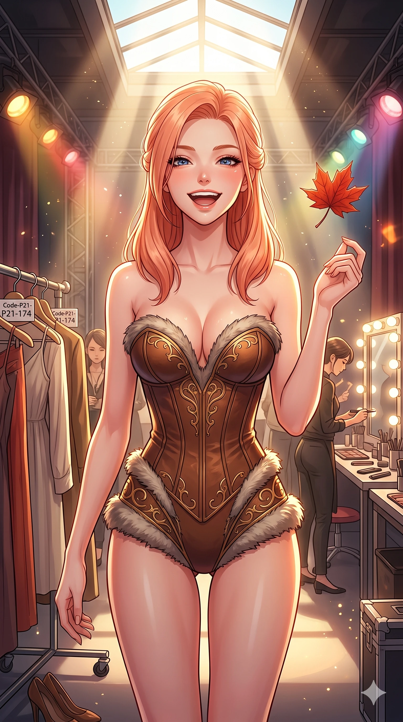 score_9, masterpiece, best quality, ultra-detailed, high-budget anime keyframe, vibrant anime aesthetic, Japanese woman. cowboy shot from the thighs up, character and outfit filling the frame for maximum presence. She is tossing a maple leaf with a happy winter laugh, her face glowing with delight in the sun inside a runway backstage room with warm spotlights (Code-P21-174). She has an absolutely perfect 8-heads proportion, an exceptionally tall and slender female figure with impossibly long slender legs and an ultra-slim waist. V-shaped jawline, high-bridge nose, intricate jewel-like eyes with depth, thick eyelashes, glossy lips with a natural sheen. wearing a leather corset with sweetheart neckline revealing cleavage in winter. She is illuminated by bright, direct sunbeams in a photography studio, creating clean outlines. 2k, ultra detail, master piece, 9:16 ratio