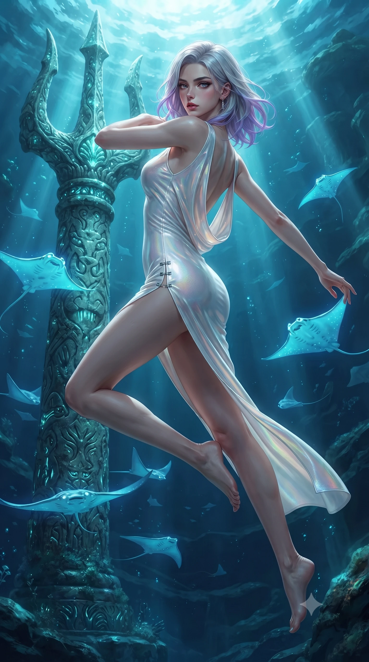 score_9, masterpiece, best quality, ultra-detailed, high-budget anime keyframe, editorial fashion photography, tasteful artistic composition, Caucasian woman. low angle full-body shot from head to toe showing her feet, filling the entire 9:16 vertical frame with her statuesque presence, stretching her vertical silhouette. performing an alluring mid-air vault with flawless poise, looking directly into the camera with smoldering intensity while pivoting dynamically beside a colossal carved trident pillar surrounded by swimming bioluminescent manta rays. The surrounding environment is rendered in vivid detail and crisp panoramic clarity. rich subterranean oceanic chiaroscuro and ancient Atlantis luxury design rendered with precision. She has an absolutely perfect, statuesque 8.5-heads proportion, an exceptionally tall and slender model-like female figure with impossibly long slender legs, a toned flat midriff, and an ultra-slim waist. sharp v-shaped jawline, high-bridge nose, intricate jewel-like eyes with depth, thick eyelashes, glossy lips with a natural sheen, flawlessly proportioned anatomical accuracy, strict slender model proportions, natural body alignment, perfectly sculpted long slender limbs, ultra-slim waistline, clean dynamic posture without body distortion. wearing a precision-fitted liquid jersey bodycon dress with a dramatic draped cowl back that swoops down to her waist and a high side slit in glistening liquid pearl white with rainbow opalescence, tailored from semi-translucent cybernetic vinyl with glowing micro-filaments, finished with an ultra-high side slit secured by miniature magnetic clasps, the glove-like aerodynamic second-skin fit tightly clinging to her ultra-slender waist and athletic curves without adding bulk, accentuating her razor-sharp statuesque lines and slim hourglass silhouette. surrounded by an opulent, mystical, and breathtakingly sensual underwater kingdom aura. ultra-reflective glossy finish, specular highlights, metallic sheen, high-contrast stereoscopic depth, volumetric dynamic lighting, 2k, ultra detail, master piece, 9:16 ratio