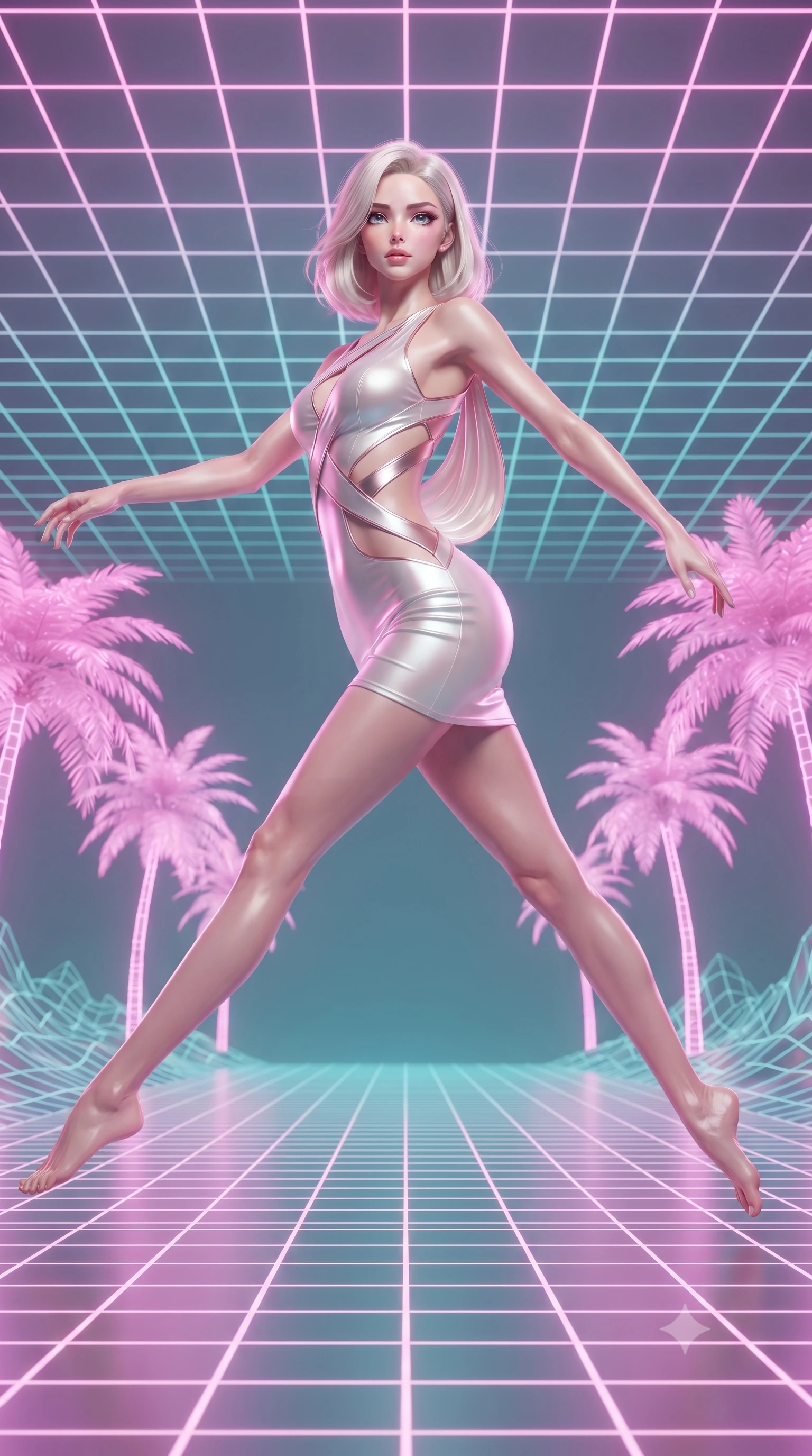 score_9, masterpiece, best quality, ultra-detailed, high-budget anime keyframe, editorial fashion photography, tasteful artistic composition, Caucasian woman. low angle full-body shot from head to toe showing her feet, filling the entire 9:16 vertical frame with her statuesque presence, stretching her vertical silhouette. leaping gracefully through mid-air with statuesque elegance, her impossibly long slender legs stretched in perfect balance while leaping across a synthwave grid floor surrounded by lo-fi pink neon palm trees, lo-fi synthwave grid patterns running across floor and ceiling in neon pink. She has an absolutely perfect, statuesque 8.5-heads proportion, an exceptionally tall and slender model-like female figure with impossibly long slender legs and an ultra-slim waist. sharp v-shaped jawline, high-bridge nose, intricate jewel-like eyes with depth, thick eyelashes, glossy lips with a natural sheen, flawlessly proportioned anatomical accuracy, natural body alignment, perfectly sculpted elegant limbs, clean dynamic posture without body distortion. wearing a precision-fitted liquid jersey bodycon dress with a graceful draped back in pearl white and rose gold, crafted from iridescent chiffon that shifts colors in the light, featuring subtle geometric cutouts that highlight her ultra-slim midriff, the form-contouring material highlighting her ultra-slim waist and long lines. bathed in soft pastel pink and turquoise neon glow with glossy chrome reflections. ultra-reflective glossy finish, specular highlights, metallic sheen, high-contrast stereoscopic depth, volumetric dynamic lighting, 2k, ultra detail, master piece, 9:16 ratio