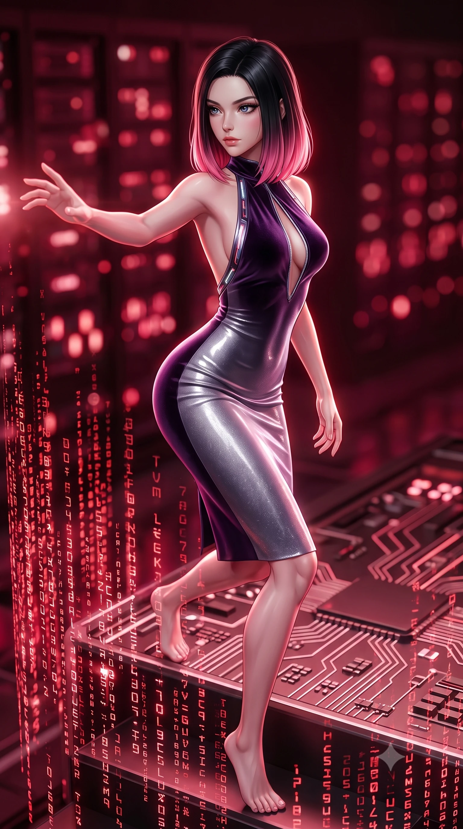 score_9, masterpiece, best quality, ultra-detailed, high-budget anime keyframe, semi-realistic 3D game render, editorial fashion photography, tasteful artistic composition, Korean woman. close-up cowboy shot from the waist and thighs up, the character dominates the composition, filling the frame with her large presence. extending one arm gracefully toward the light while her torso arches in a sleek, alluring curve with magnetic intensity while stepping down from a high-tech circuit dais as glowing red matrix glyphs cascade around her. The composition keeps background elements in soft focus with creamy bokeh. pulsating crimson circuit tracks and server arrays blurred into intense, glowing red bokeh. She has an exceptionally elegant, slender, and willowy female figure with an ultra-slim waist, a gracefully sculpted slender torso, and a refined silhouette. sharp v-shaped jawline, high-bridge nose, intricate jewel-like eyes with depth, thick eyelashes, glossy lips with a natural sheen, flawlessly proportioned anatomical accuracy, natural body alignment, perfectly sculpted elegant limbs, clean dynamic posture without body distortion. wearing a velvet halter-neck midi dress fitting her statuesque contour flawlessly with a Tasteful chest slit and open spine in dark amethyst purple and shimmering starlight silver, crafted from ultra-reflective second-skin latex with a glass-like polish, featuring a dangerously unzipped neckline framed by glowing cybernetic accents, the liquid-tight fabric adhering flawlessly to her sculpted torso and slender silhouette. illuminated by deep ruby red ambient glow and crisp silver specular highlights. highly saturated vibrant anime colors, detailed shading with soft gradients, rich glossy textures, high-contrast stereoscopic depth, volumetric dynamic lighting, master piece, 9:16 ratio