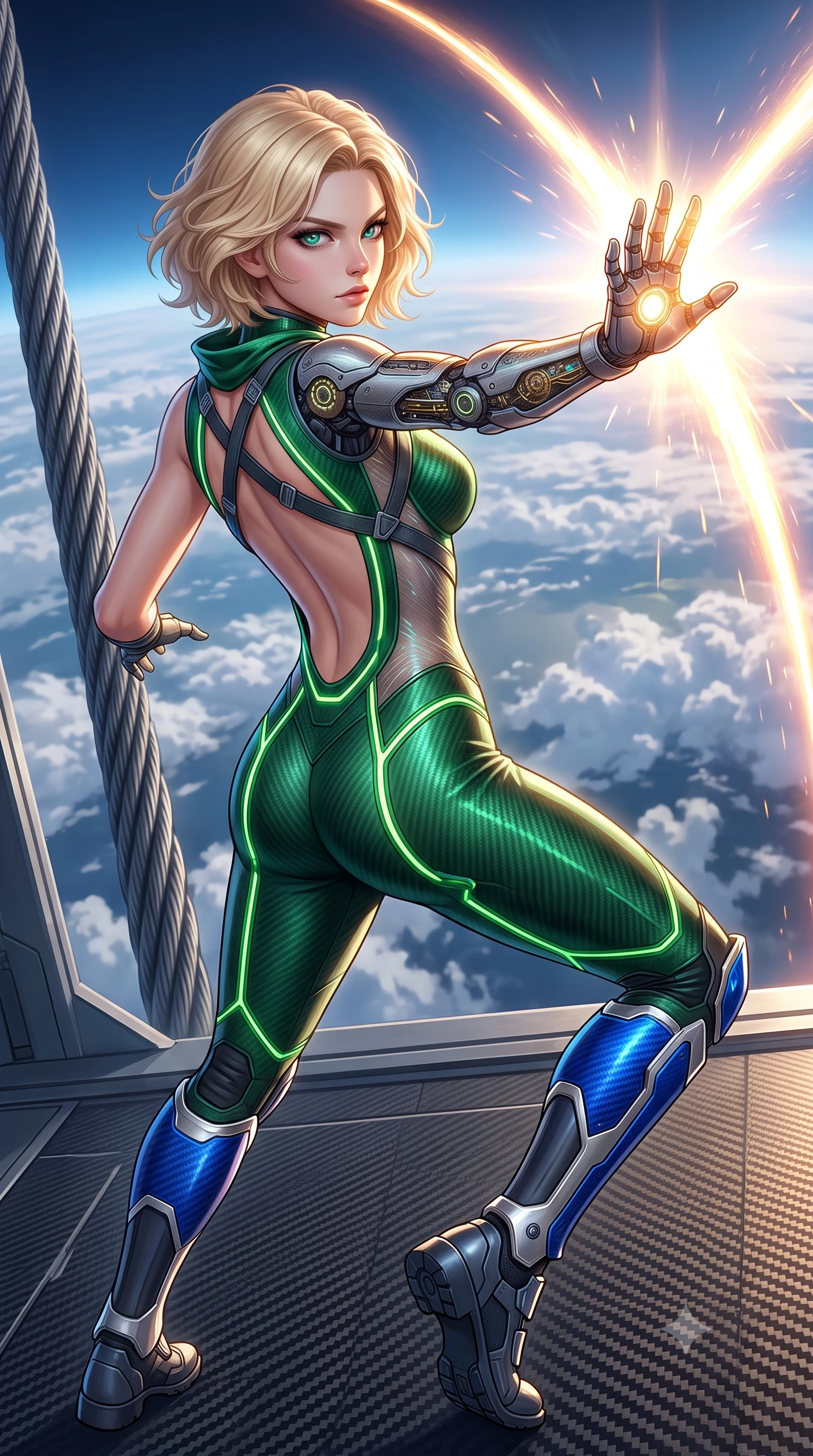 score_9, masterpiece, best quality, ultra-detailed, high-budget anime keyframe, semi-realistic 3D game render, editorial fashion photography, tasteful artistic composition, Caucasian woman. close-up cowboy shot from the waist and thighs up, the character dominates the composition, filling the frame with her large presence. in a razor-sharp Panzer Kunst fighting guard, one hand extended with palm open in fluid kinetic tension, captivating jewel-like eyes locked onto the viewer with dangerous focus while pivoting dynamically as her cybernetic arm deflects a high-velocity particle beam into the upper atmosphere. The surrounding environment is rendered in vivid detail and crisp panoramic clarity. sharp carbon-fiber gantry floor texture, space elevator cable weave, and planetary cloud swirls in deep focus. She has an exceptionally elegant, slender, and willowy female figure with an ultra-slim waist, a gracefully sculpted slender torso, toned flat midriff, and a refined slim silhouette. sharp v-shaped jawline, high-bridge nose, intricate jewel-like eyes with depth, thick eyelashes, glossy lips with a natural sheen, flawlessly proportioned anatomical accuracy, strict slender model proportions, natural body alignment, perfectly sculpted long slender limbs, ultra-slim waistline, clean dynamic posture without body distortion. wearing a tailored emerald-green carbon-fiber tactical jumpsuit with glowing lime LED channels, open cowl back, and reinforced combat shin-guards in electric cobalt blue carbon with polished platinum trim, crafted from semi-translucent cybernetic carbon-vinyl interwoven with glowing micro-filaments, complemented by criss-cross back harness straps highlighting her completely bare spine, the form-contouring material adhering flawlessly to her sculpted flat midriff and slender torso, emphasizing her long leg lines and perfectly proportioned willowy build. surrounded by an elevated, supreme, and radiantly commanding aerospace martial goddess aura. rich saturated anime colors with glowing neon highlights, detailed shading with soft gradients, rich glossy textures, high-contrast stereoscopic depth, volumetric dynamic lighting, master piece, 9:16 ratio