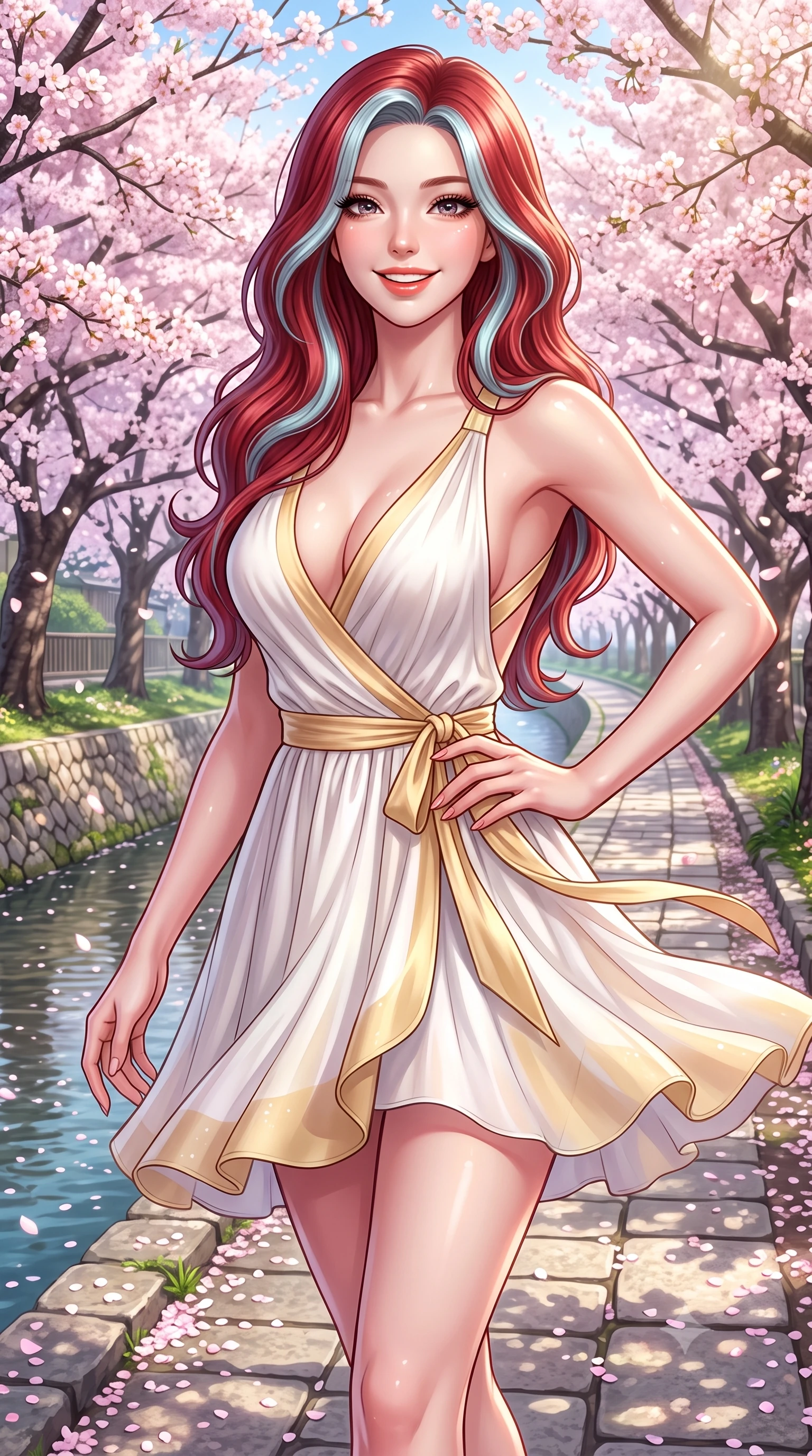 score_9, masterpiece, best quality, ultra-detailed, high-budget anime keyframe, semi-realistic 3D game render, editorial fashion photography, tasteful artistic composition, Caucasian woman. close-up cowboy shot from the waist and thighs up, the character dominates the composition, filling the frame with her large presence. twisting her slender torso in an alluring contrapposto stance, one hand resting on her sculpted hip while flashing a radiant, playful smile with parted glossy lips while walking gracefully along the stone canal pathway beneath hundreds of blooming cherry trees, arching her lower back with a bright, charming smile. The surrounding environment is rendered in vivid detail and crisp panoramic clarity. detailed silk dress drape, soft sun glints on skin, and Philosopher's Path landscape clarity in high resolution. She has an exceptionally elegant, slender, and willowy female figure with an ultra-slim waist, flat toned midriff, narrow ribcage, and sculpted feminine hips creating an alluring, slim hourglass silhouette without bulk. sharp v-shaped jawline, high-bridge nose, intricate jewel-like sparkling eyes with depth, thick eyelashes, glossy parted lips with a natural peach sheen, bright cheerful beaming smile with an enchanting and coquettish sensual glint, exuding both youthful cute charm and seductive allure, flawlessly proportioned anatomical accuracy, strict slender model proportions, natural body alignment, perfectly sculpted long slender limbs, ultra-slim waistline, clean dynamic posture without body distortion. wearing a breezy wrap mini dress with a deep V-neckline and tie-waist accentuating her sculpted flat midriff and hips in pure alabaster white and sun-kissed gold, tailored from fine lightweight chiffon that flutters gently in the breeze, finished with criss-cross back satin straps highlighting her graceful shoulder blades, the glove-like silhouette tightly following the natural contour of her hips and long slender legs with youthful 8.5-heads elegance. bathed in bright morning spring sunlight scattering through blooming flower canopies. highly saturated vibrant anime colors, detailed shading with soft gradients, rich glossy textures, high-contrast stereoscopic depth, volumetric dynamic lighting, master piece, 9:16 ratio