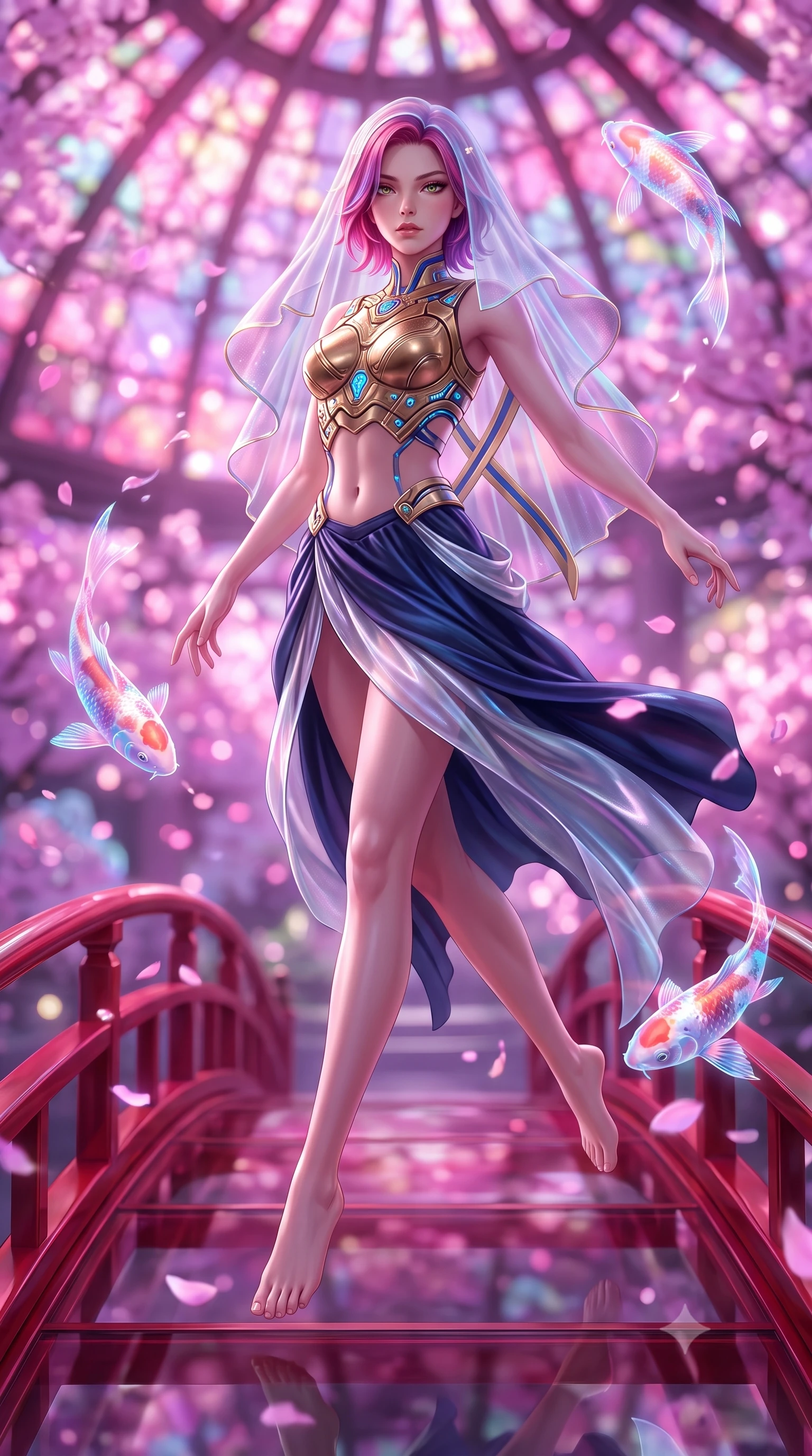 score_9, masterpiece, best quality, ultra-detailed, high-budget anime keyframe, semi-realistic 3D game render, editorial fashion photography, tasteful artistic composition, Caucasian woman. low angle full-body shot from head to toe showing her feet, filling the entire 9:16 vertical frame with her statuesque presence, stretching her vertical silhouette. performing an alluring mid-air vault with flawless poise, looking directly into the camera with regal, divine intensity while stepping along a curved crimson glass bridge as holographic koi swim through the air around her slender silhouette. The composition keeps background elements in soft focus with creamy bokeh. swirling digital sakura petals and glowing stained-glass dome facets blurred into dreamy magenta and pastel pink bokeh. She has an absolutely perfect, statuesque 8.5-heads proportion, an exceptionally tall and slender model-like female figure with impossibly long slender legs, a toned flat midriff, and an ultra-slim waist. sharp v-shaped jawline, high-bridge nose, intricate jewel-like eyes with depth, thick eyelashes, glossy lips with a natural sheen, flawlessly proportioned anatomical accuracy, strict slender model proportions, natural body alignment, perfectly sculpted long slender limbs, ultra-slim waistline, clean dynamic posture without body distortion. wearing an ethereal translucent cyber-veil paired with a sculpted golden mechanical cuirass and high-fashion draped silk skirt in deep midnight navy blue and pure starlight chrome, crafted from delicate iridescent organza interwoven with luminescent micro-fibers, complemented by criss-cross back straps highlighting her completely bare spine, the sleek second-skin cut tightly hugging her graceful clavicle, narrow waist, and feminine curves with athletic precision. bathed in luminous magenta and rose-pink digital sakura backlighting with soft violet fill. rich saturated anime colors with glowing neon highlights, detailed shading with soft gradients, rich glossy textures, high-contrast stereoscopic depth, volumetric dynamic lighting, master piece, 9:16 ratio