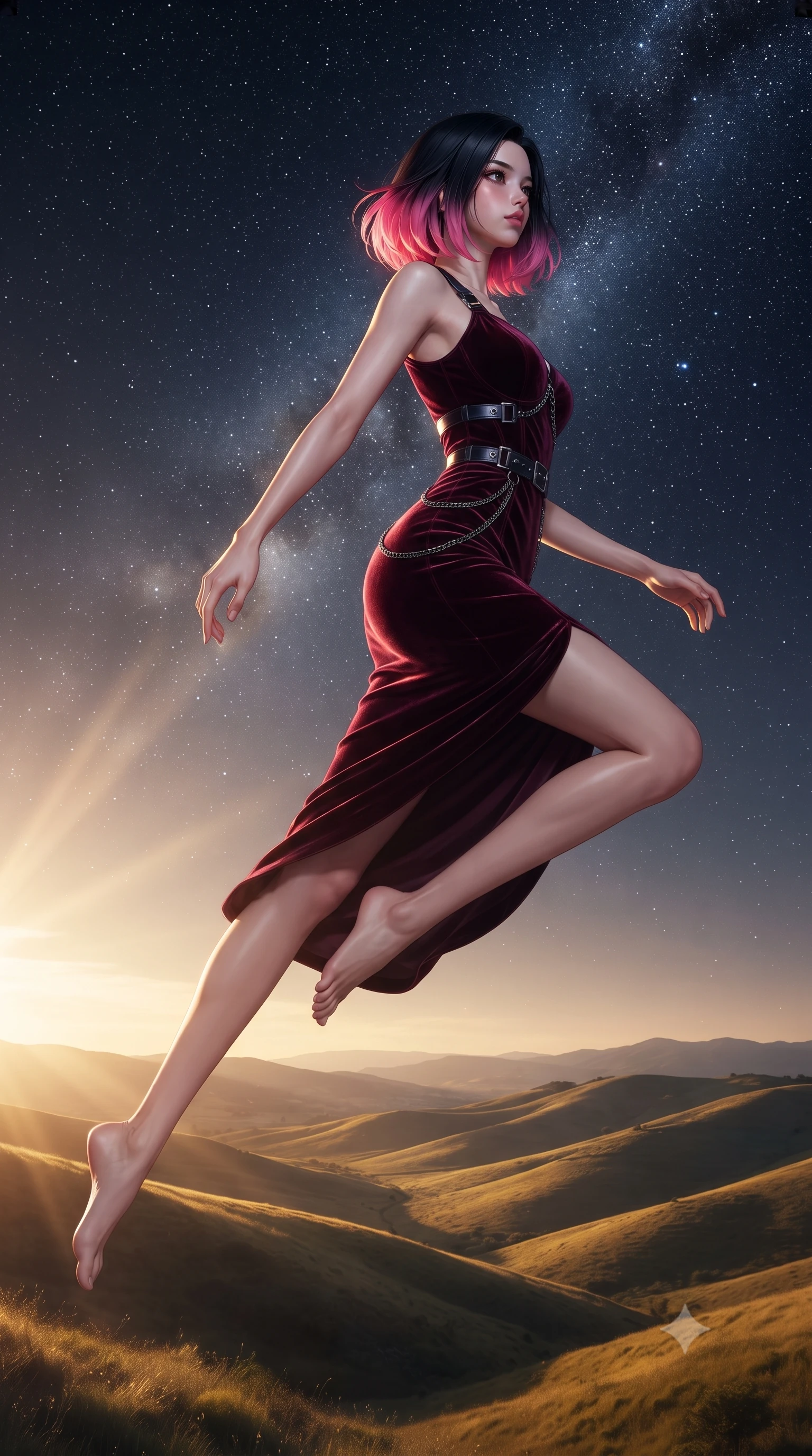 score_9, masterpiece, best quality, ultra-detailed, high-budget anime keyframe, editorial fashion photography, tasteful artistic composition, Korean woman. low angle full-body shot from head to toe showing her feet, filling the entire 9:16 vertical frame with her statuesque presence, stretching her vertical silhouette. leaping dynamically through the starry space, her posture full of power and elegance, looking out over rolling golden hills as evening wind trails move her silk dress, effortless European resort luxury aesthetic. She has an absolutely perfect, statuesque 8.5-heads proportion, an exceptionally tall and slender model-like female figure with impossibly long slender legs and an ultra-slim waist. sharp v-shaped jawline, high-bridge nose, intricate jewel-like eyes with depth, thick eyelashes, glossy lips with a natural sheen. wearing sculpted form-fitting dark velvet column gown in pitch black in deep crimson burgundy, made of crushed dark silk velvet, framed by dark titanium buckles and silver chain details, highlighting her statuesque proportions and ultra-slim waistline. bathed in warm golden-hour sunbeams filtering through sheer linen. ultra-reflective glossy finish, specular highlights, metallic sheen, high-contrast stereoscopic depth, volumetric dynamic lighting, 2k, ultra detail, master piece, 9:16 ratio