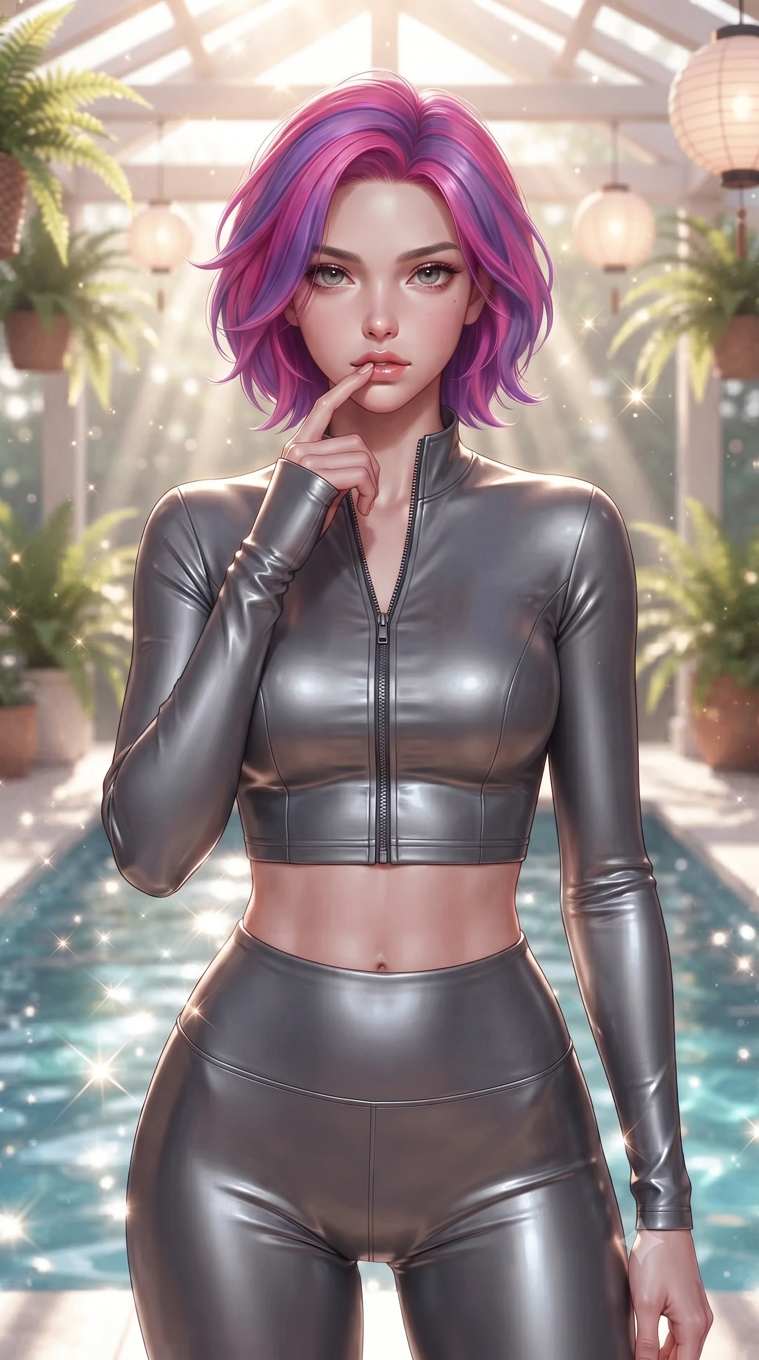 score_9, masterpiece, best quality, ultra-detailed, high-budget anime keyframe, editorial fashion photography, tasteful artistic composition, Caucasian woman. close-up cowboy shot from the waist and thighs up, the character dominates the composition, filling the frame with her large presence, background elements kept in soft focus. pressing one finger to her bottom lip in a thoughtful, composed gesture, locking eyes with the viewer, the background shows a soft-focus a bath house veranda decorated with potted ferns and paper lanterns. She has an exceptionally elegant, slender, and willowy female figure with an ultra-slim waist, a gracefully sculpted slender torso, and a refined silhouette. sharp v-shaped jawline, high-bridge nose, intricate jewel-like eyes with depth, thick eyelashes, glossy lips with a natural sheen. wearing a tailored body-hugging high-neck activewear set of a zipped long-sleeve crop top and matching leggings in carbon-grey. bright morning sun rays creating sparkling glints on the hot pool water. ultra-reflective glossy finish, specular highlights, metallic sheen, high-contrast stereoscopic depth, volumetric dynamic lighting, 2k, ultra detail, master piece, 9:16 ratio