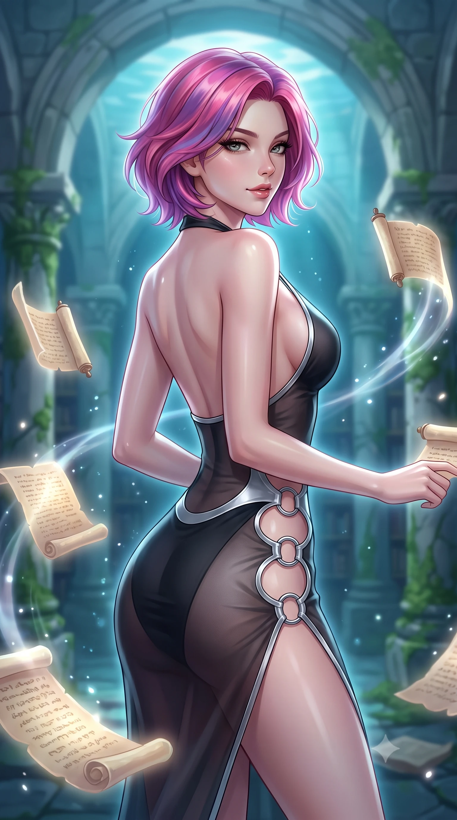 score_9, masterpiece, best quality, ultra-detailed, high-budget anime keyframe, editorial fashion photography, tasteful artistic composition, Caucasian woman. close-up cowboy shot from the waist and thighs up, the character dominates the composition, filling the frame with her large presence, background elements kept in soft focus. Glancing sidelong over her shoulder with a smoldering half-smile and heavy lashes navigating a submerged ancient library surrounded by floating glowing scrolls, gentle ocean currents swaying her attire in fluid underwater motions. She has an exceptionally elegant, slender, and willowy female figure with an ultra-slim waist, a gracefully sculpted slender torso, and a refined silhouette. sharp v-shaped jawline, high-bridge nose, intricate jewel-like eyes with depth, thick eyelashes, glossy lips with a natural sheen. wearing a deep-scoop halter bodycon dress with hip cutouts connected by silver rings in matte black and polished silver, woven from fine semi-opaque sheer organza, finished with a sleek side slit ascending to mid-thigh, the sleek second-skin texture accentuating her magnetic presence. surrounded by a shimmering ocean aura with bright pearl-white rim lights. highly saturated vibrant anime colors, detailed shading with soft gradients, rich glossy textures, high-contrast stereoscopic depth, volumetric dynamic lighting, master piece, 9:16 ratio