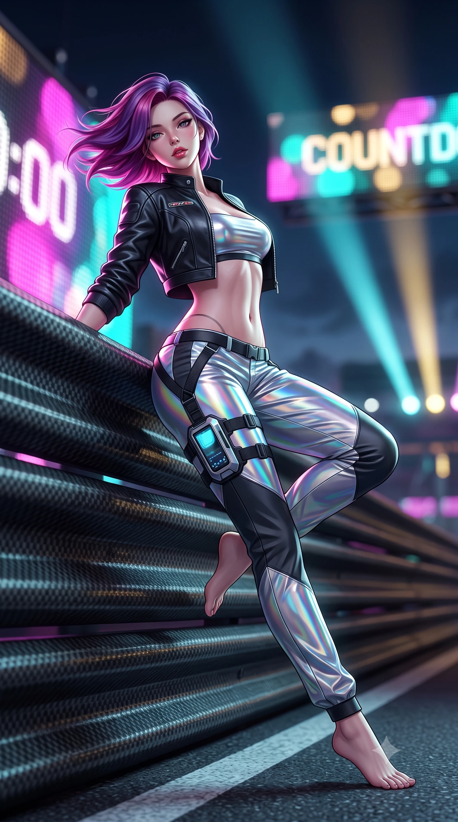 score_9, masterpiece, best quality, ultra-detailed, high-budget anime keyframe, semi-realistic 3D game render, editorial fashion photography, tasteful artistic composition, Caucasian woman. low angle full-body shot from head to toe showing her feet, filling the entire 9:16 vertical frame with her statuesque presence, stretching her vertical silhouette. reclining back languidly with one knee bent and spine arched in a breathtaking dancer line, commanding the entire 9:16 vertical frame while leaning against a heavy track barrier, tossing her hair over one shoulder as wind whips the racing circuit banners. The composition keeps background elements in soft focus with creamy bokeh. giant LED jumbotron race countdown graphics and sweeping searchlights blurred into electric magenta, turquoise, and gold bokeh. She has an absolutely perfect, statuesque 8.5-heads proportion, an exceptionally tall and slender model-like female figure with impossibly long slender legs, a toned flat midriff, and an ultra-slim waist. sharp v-shaped jawline, high-bridge nose, intricate jewel-like eyes with depth, thick eyelashes, glossy parted lips with a natural sheen, intensely captivating and seductive expression, flawlessly proportioned anatomical accuracy, strict slender model proportions, natural body alignment, perfectly sculpted long slender limbs, ultra-slim waistline, clean dynamic posture without body distortion. wearing a cropped leather racing jacket unzipped over a reflective silver bandeau top and low-rise carbon track pants in holographic silver prism and deep graphite, crafted from flexible reflective spandex and heavy tactical webbing, equipped with a sleek thigh-mounted telemetry display and tactical harness, the sleek tactical cut tightly hugging her graceful clavicle, narrow waist, and athletic curves with statuesque precision. illuminated by crisp directional rim lighting sharply defining her razor-sharp jawline and feminine curves. highly saturated vibrant anime colors, detailed shading with soft gradients, rich glossy textures, high-contrast stereoscopic depth, volumetric dynamic lighting, master piece, 9:16 ratio