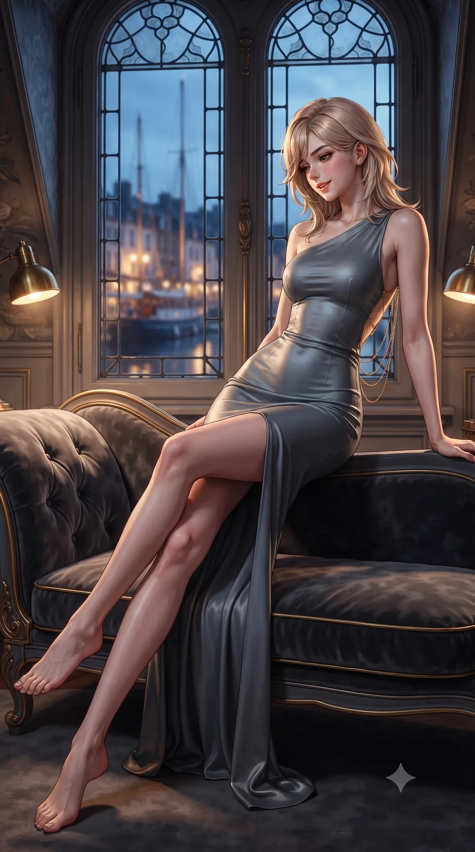 score_9, masterpiece, best quality, ultra-detailed, high-budget anime keyframe, editorial fashion photography, tasteful artistic composition, Japanese woman. low angle full-body shot from head to toe showing her feet, filling the entire 9:16 vertical frame with her statuesque presence, stretching her vertical silhouette. reclining gracefully across the plush chaise lounge with one leg extended, her sculpted silhouette and flat midriff radiating magnetic nocturnal glamour while leaning against the leaded dormer window frame with hips cocked back, looking down at the illuminated sailing yachts of the Vieux Bassin with smoldering bedroom-eyes. The background shows a soft-focus warm studio lamp glow softened in historic Impressionist port shallow focus. She has an exceptionally tall and slender model-like 8.5-heads proportion, an ultra-slim waist, a flat toned midriff, narrow delicate ribcage, and beautifully sculpted feminine hips creating a graceful, slim hourglass silhouette without any bulky heaviness, with impossibly long slender legs. sharp v-shaped jawline, high-bridge nose, intricate jewel-like sparkling eyes with depth, thick eyelashes, glossy parted lips with a natural peach sheen, bright cheerful beaming smile with an enchanting and coquettish sensual glint, exuding both youthful cute charm and seductive allure, flawlessly proportioned anatomical accuracy, strict slender model proportions, natural body alignment, perfectly sculpted long slender limbs, ultra-slim waistline, clean dynamic posture without body distortion. wearing a liquid jersey asymmetrical one-shoulder gown with seamless sculpting hold adhering tightly to her silhouette in Mont-Saint-Michel granite slate grey and moonlit tide silver, woven from buttery-soft stretch lambskin leather adhering to her body like a second skin, accented with an open-back drape framed by falling strands of delicate gold chains, the impeccably tailored cut draping gracefully along her slender figure with aristocratic poise. bathed in the warm intimate 2400K glow of brass desk lamps mixed with blue twilight pouring through dormer windows. ultra-reflective glossy finish, specular highlights, rich textural contrasts, high-contrast stereoscopic depth, volumetric dynamic lighting, 2k, ultra detail, master piece, 9:16 ratio