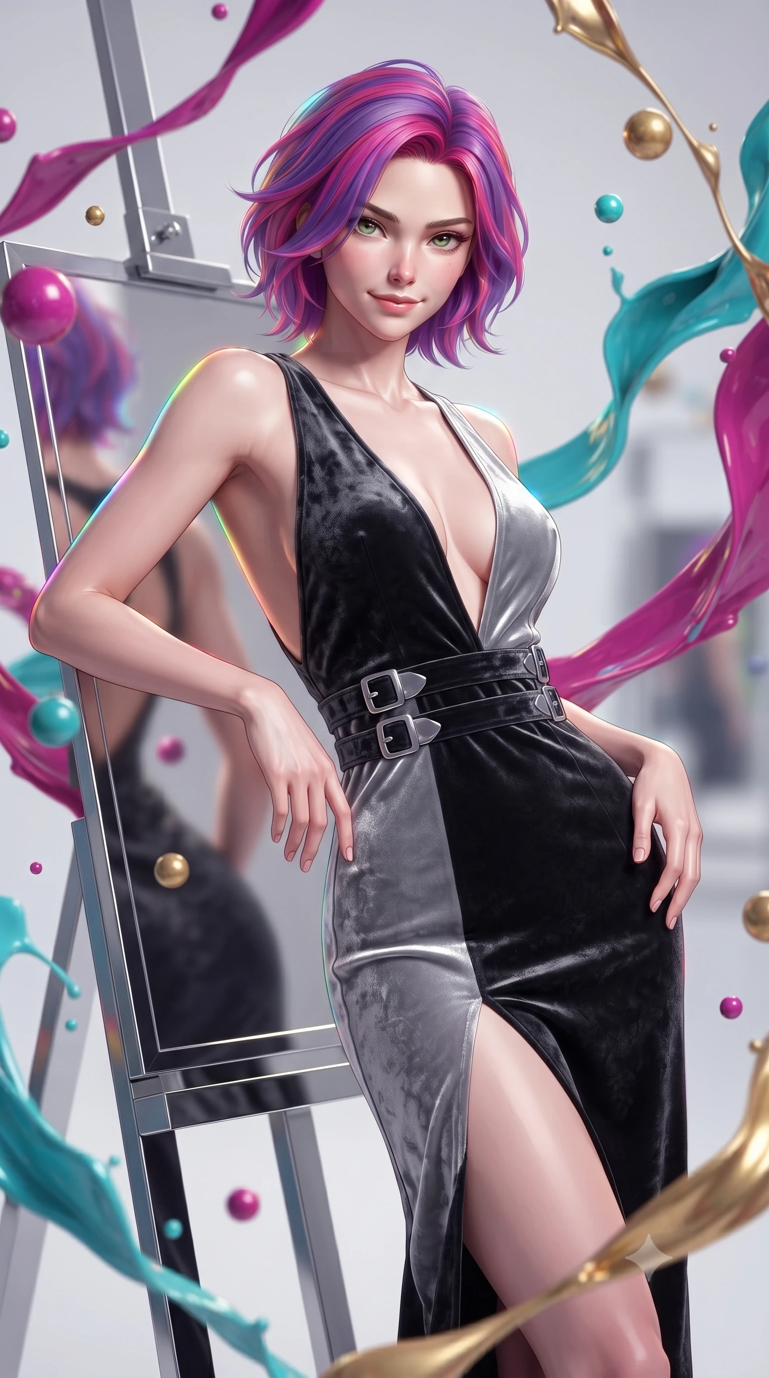 score_9, masterpiece, best quality, ultra-detailed, high-budget anime keyframe, editorial fashion photography, tasteful artistic composition, Caucasian woman. close-up cowboy shot from the waist and thighs up, the character dominates the composition, filling the frame with her large presence, background elements kept in soft focus. Smiling with quiet, magnetic self-assurance directly into the lens leaning against a mirrored easel surrounded by suspended pigment spheres, swirling ribbons of magenta, turquoise, and gold liquid paint in zero-gravity. She has an exceptionally elegant, slender, and willowy female figure with an ultra-slim waist, a gracefully sculpted slender torso, and a refined silhouette. sharp v-shaped jawline, high-bridge nose, intricate jewel-like eyes with depth, thick eyelashes, glossy lips with a natural sheen. wearing a backless crushed velvet gown with a deep V-neckline and high thigh slit in matte black and polished silver, made of premium stretch velvet with a rich sheen, detailed with polished silver buckles along the waistline, the form-contouring material highlighting her ultra-slim waist and long lines. drenched in bright white key light with colorful prismatic rim lighting. ultra-reflective glossy finish, specular highlights, metallic sheen, high-contrast stereoscopic depth, volumetric dynamic lighting, 2k, ultra detail, master piece, 9:16 ratio