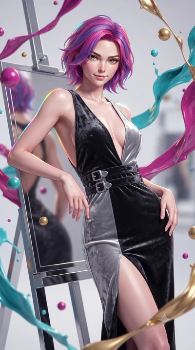 score_9, masterpiece, best quality, ultra-detailed, high-budget anime keyframe, editorial fashion photography, tasteful artistic composition, Caucasian woman. close-up cowboy shot from the waist and thighs up, the character dominates the composition,