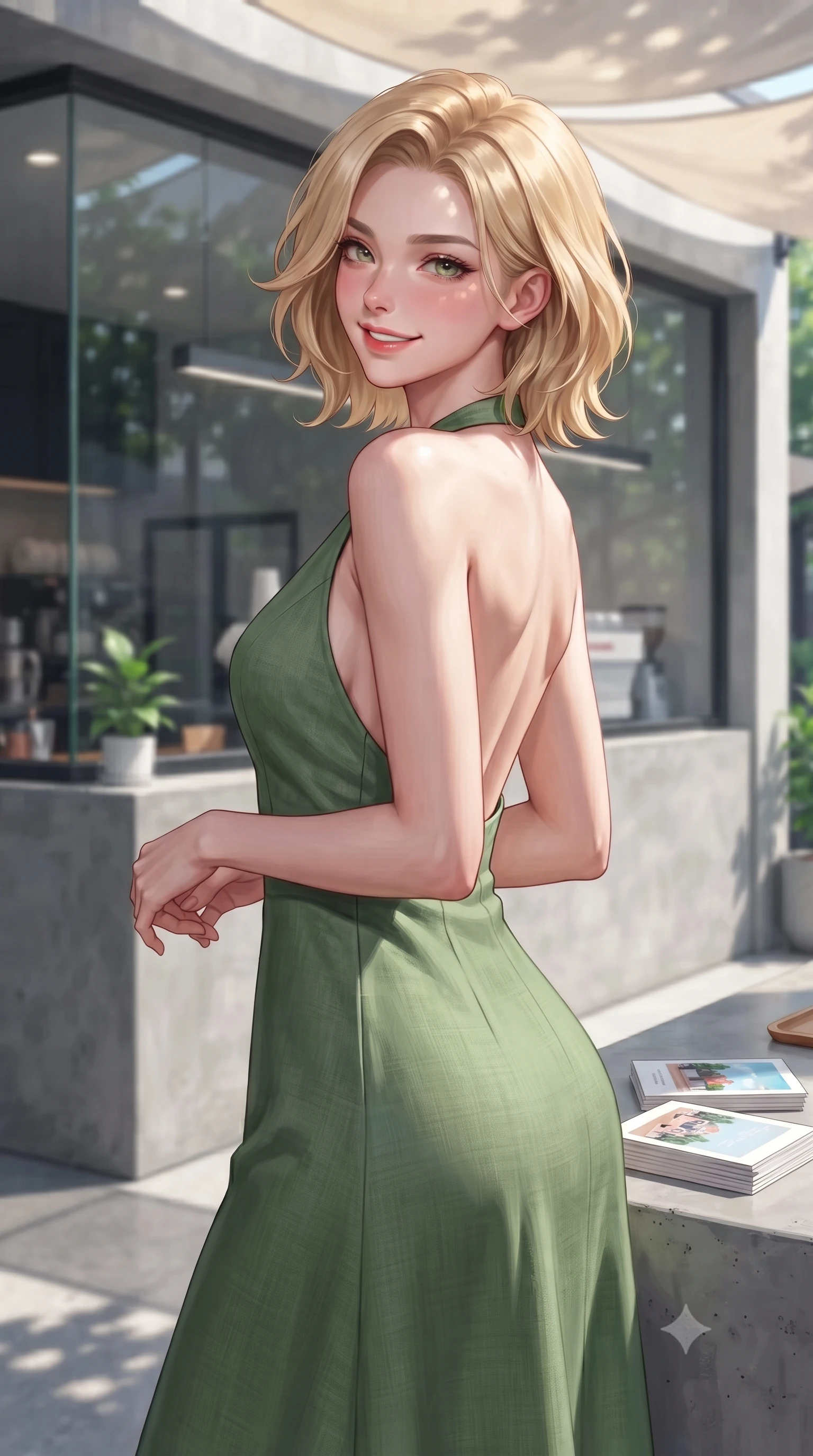 score_9, masterpiece, best quality, ultra-detailed, high-budget anime keyframe, editorial fashion photography, tasteful artistic composition, Caucasian woman. close-up cowboy shot from the waist and thighs up, the character dominates the composition, filling the frame with her large presence, background elements kept in soft focus. smiling with a playful and cute half-smile, glancing sidelong over her shoulder set against a soft-focus background of inside a modern minimalist espresso bar with sleek glass windows and concrete counters with a small green plant and a stack of cute design postcards on the table. She has an exceptionally elegant, slender, and willowy female figure with an ultra-slim waist, a gracefully sculpted slender torso, and a refined silhouette. sharp v-shaped jawline, high-bridge nose, intricate jewel-like eyes with depth, thick eyelashes, glossy lips with a natural sheen. wearing tailored backless linen halter dress in sage green, showing her elegant shoulder lines. dappled sunlight filtering through the outdoor awning onto her face. highly saturated vibrant anime colors, detailed shading with soft gradients, rich glossy textures, high-contrast stereoscopic depth, volumetric dynamic lighting, master piece, 9:16 ratio