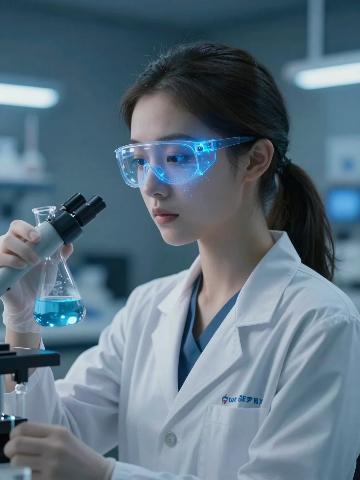 (masterpiece:1.2), best quality, intelligent beauty, (1girl:1.3), stunning scientist, lab coat, glasses, (face illuminated by glowing blue chemical reaction:1.2), cinematic laboratory, 2k, ultra detail, 3:4 ratio