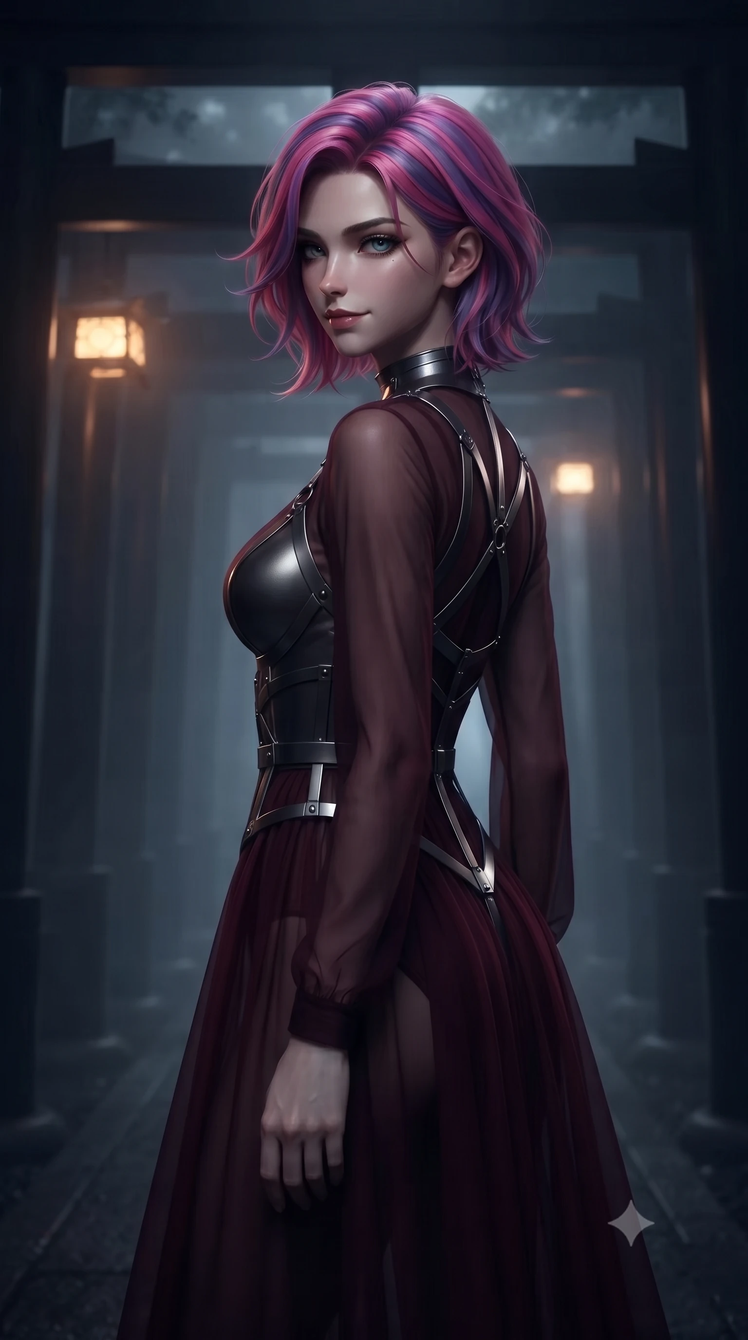 score_9, masterpiece, best quality, ultra-detailed, high-budget anime keyframe, editorial fashion photography, tasteful artistic composition, Caucasian woman. close-up cowboy shot from the waist and thighs up, the character dominates the composition, filling the frame with her large presence, background elements kept in soft focus. Glancing sidelong over her shoulder with a smoldering, enigmatic half-smile, walking through a endless corridor of black lacquer Torii gates at midnight, dim gold lantern light casting warm dramatic rays through thick midnight mist. She has an exceptionally elegant, slender, and willowy female figure with an ultra-slim waist, a gracefully sculpted slender torso, and a refined silhouette. sharp v-shaped jawline, high-bridge nose, intricate jewel-like eyes with depth, thick eyelashes, glossy lips with a natural sheen. wearing semi-opaque sheer dark chiffon gown revealing structured bodice silhouette in deep crimson burgundy, made of liquid dark mercury jersey, highlighted by a gunmetal metallic harness structure, following her slender form with tailored precision. surrounded by a mysterious dark spiritual aura with sharp edge lighting. ultra-reflective glossy finish, specular highlights, metallic sheen, high-contrast stereoscopic depth, volumetric dynamic lighting, 2k, ultra detail, master piece, 9:16 ratio
