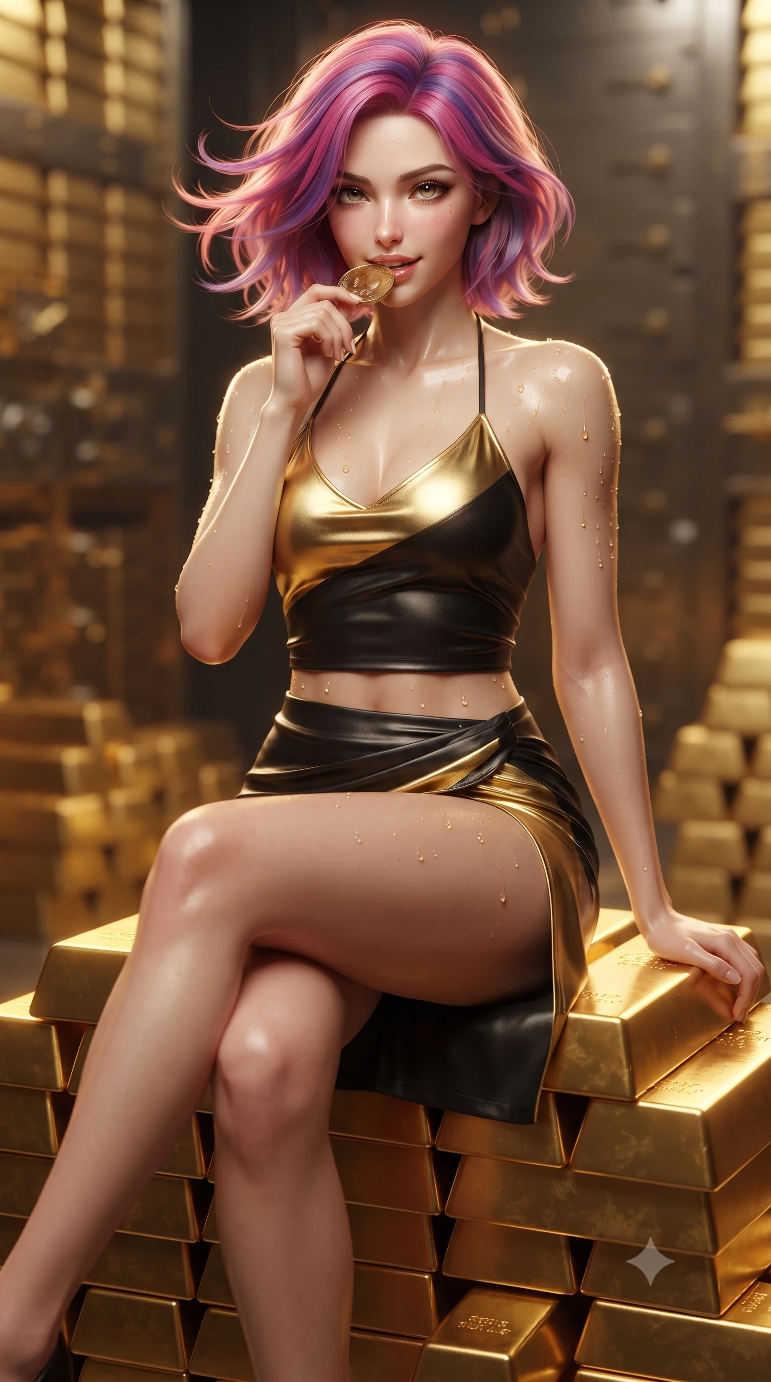 score_9, masterpiece, best quality, ultra-detailed, high-budget anime keyframe, editorial fashion photography, tasteful artistic composition, Caucasian woman. close-up cowboy shot from the waist and thighs up, the character dominates the composition, filling the frame with her large presence. turning slowly with an enchanting smoldering smile, her glossy hair tossing in the breeze as her hips angle gracefully in a captivating contrapposto while sitting perched on a stack of golden bullion with legs crossed, holding a solid gold coin near her lips with dangerous coquettish cool. The background shows a soft-focus endless walls of gleaming solid gold bars, heavy titanium vault lock bolts, and safety deposit drawers blurred into molten gold, platinum, and charcoal bokeh. She has an exceptionally elegant, slender, and willowy female figure with an ultra-slim waist, flat toned midriff, narrow ribcage, and sculpted feminine hips creating an alluring, slim hourglass silhouette without bulk. sharp v-shaped jawline, high-bridge nose, sparkling eyes with hypnotic seductive depth, thick curled eyelashes, glossy parted lips with a natural dewy peach sheen, alluring bedroom-eyes with an enchanting coquettish smile, exuding magnetic siren charisma and sophisticated glamour, flawlessly proportioned anatomical accuracy, strict slender model proportions, natural body alignment, perfectly sculpted long slender limbs, ultra-slim waistline, clean dynamic posture without body distortion. wearing a liquid-tight halterneck silk camisole paired with a curve-hugging wrap sarong mini skirt with high side slit in dual-tone high-contrast gold-and-black monochrome, woven from buttery-soft stretch lambskin leather adhering to her body like a second skin, complemented by glistening drops of moisture beading across her sculpted shoulders and flat midriff, the form-contouring silhouette accentuating her sculpted flat midriff, narrow delicate ribcage, and gracefully curvy hips with intoxicating allure. bathed in brilliant specular reflections bouncing from thousands of polished gold surfaces. ultra-reflective glossy finish, specular highlights, rich textural contrasts, high-contrast stereoscopic depth, volumetric dynamic lighting, 2k, ultra detail, master piece, 9:16 ratio