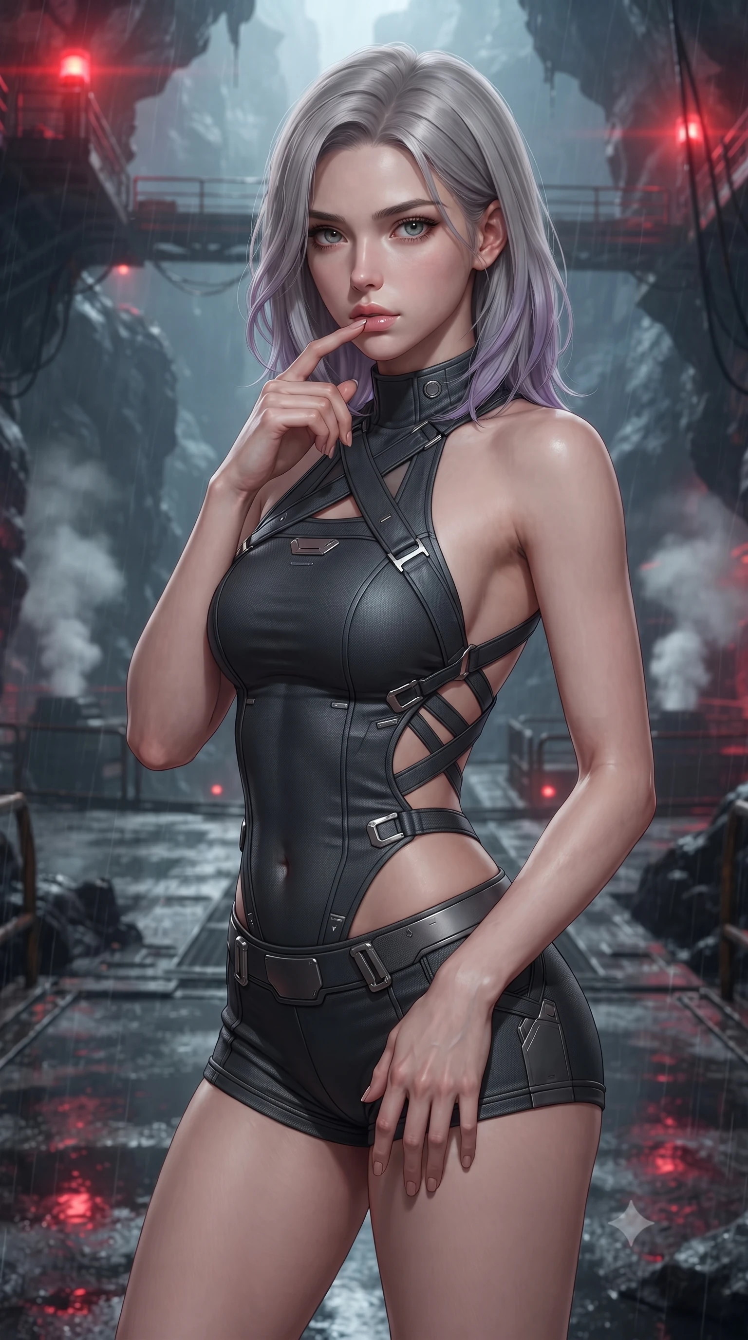 score_9, masterpiece, best quality, ultra-detailed, high-budget anime keyframe, editorial fashion photography, tasteful artistic composition, Caucasian woman. close-up cowboy shot from the waist and thighs up, the character dominates the composition, filling the frame with her large presence, background elements kept in soft focus. pressing one finger to her bottom lip in a thoughtful, composed gesture, locking eyes with the viewer, the background shows a soft-focus a wet maintenance dock inside an undersea volcano crater with steam vents. She has an exceptionally elegant, slender, and willowy female figure with an ultra-slim waist, a gracefully sculpted slender torso, and a refined silhouette. sharp v-shaped jawline, high-bridge nose, intricate jewel-like eyes with depth, thick eyelashes, glossy lips with a natural sheen. wearing a body-hugging backless halter-neck combat top with criss-cross strapping, paired with carbon-alloy micro-shorts. underground steam vents catching a pulsing crimson warning beacon light from above. ultra-reflective glossy finish, specular highlights, metallic sheen, high-contrast stereoscopic depth, volumetric dynamic lighting, 2k, ultra detail, master piece, 9:16 ratio
