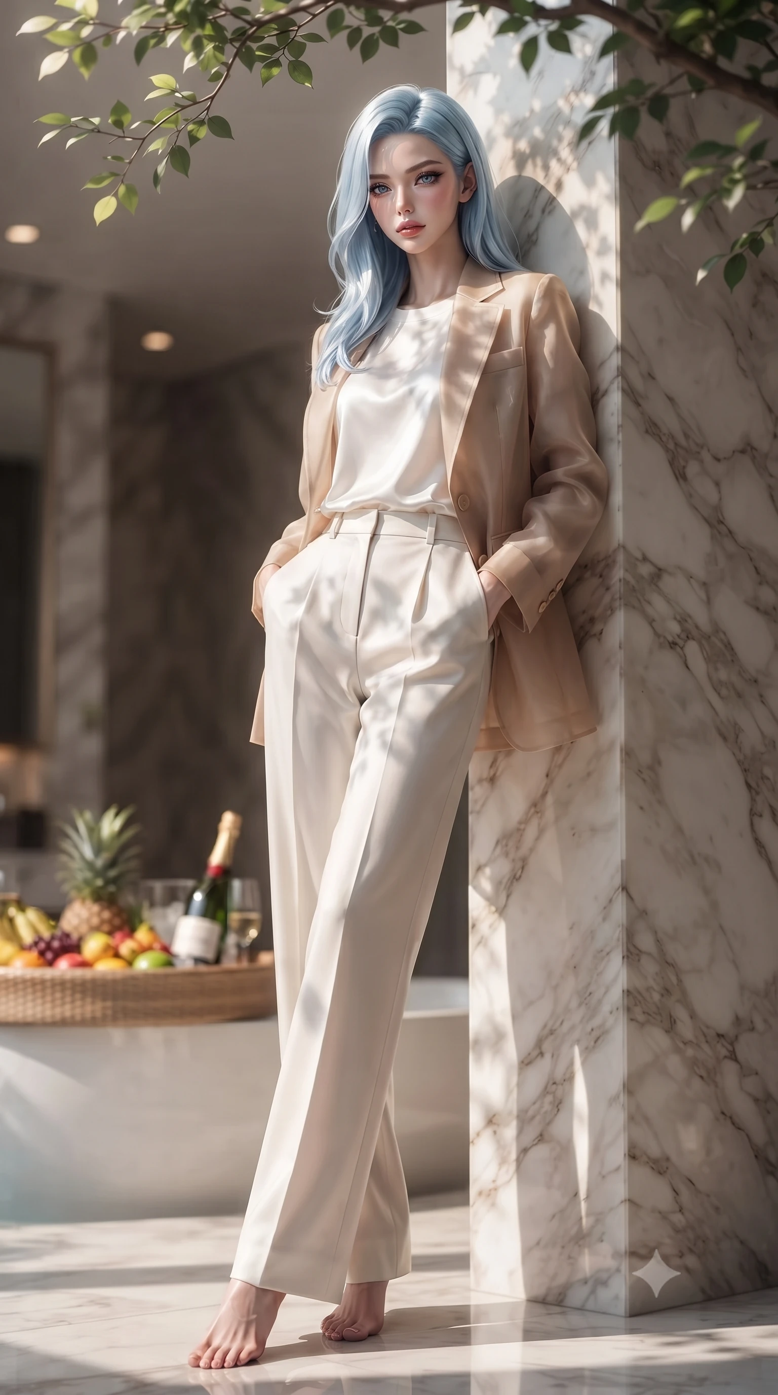 score_9, masterpiece, best quality, ultra-detailed, high-budget anime keyframe, editorial fashion photography, tasteful artistic composition, Korean woman. low angle full-body shot from head to toe showing her feet, filling the entire 9:16 vertical frame with her statuesque presence, stretching her vertical silhouette. posing with effortless allure against a polished marble pillar, her refined silhouette bathed in soft lighting set against a soft-focus background of inside an exclusive vanity suite with a floating pool tray of tropical fruits and chilled wine in soft focus. She has an absolutely perfect, statuesque 8.5-heads proportion, an exceptionally tall and slender model-like female figure with impossibly long slender legs and an ultra-slim waist. sharp v-shaped jawline, high-bridge nose, intricate jewel-like eyes with depth, thick eyelashes, glossy lips with a natural sheen. wearing tailored warm beige sheer organza tailored casual blazer paired with a loose tee and wide-leg trousers featuring refined tailored seams. highlighted by dappled sunlight filtering through leafy branches, creating soft organic patterns. ultra-reflective glossy finish, specular highlights, metallic sheen, high-contrast stereoscopic depth, volumetric dynamic lighting, 2k, ultra detail, master piece, 9:16 ratio