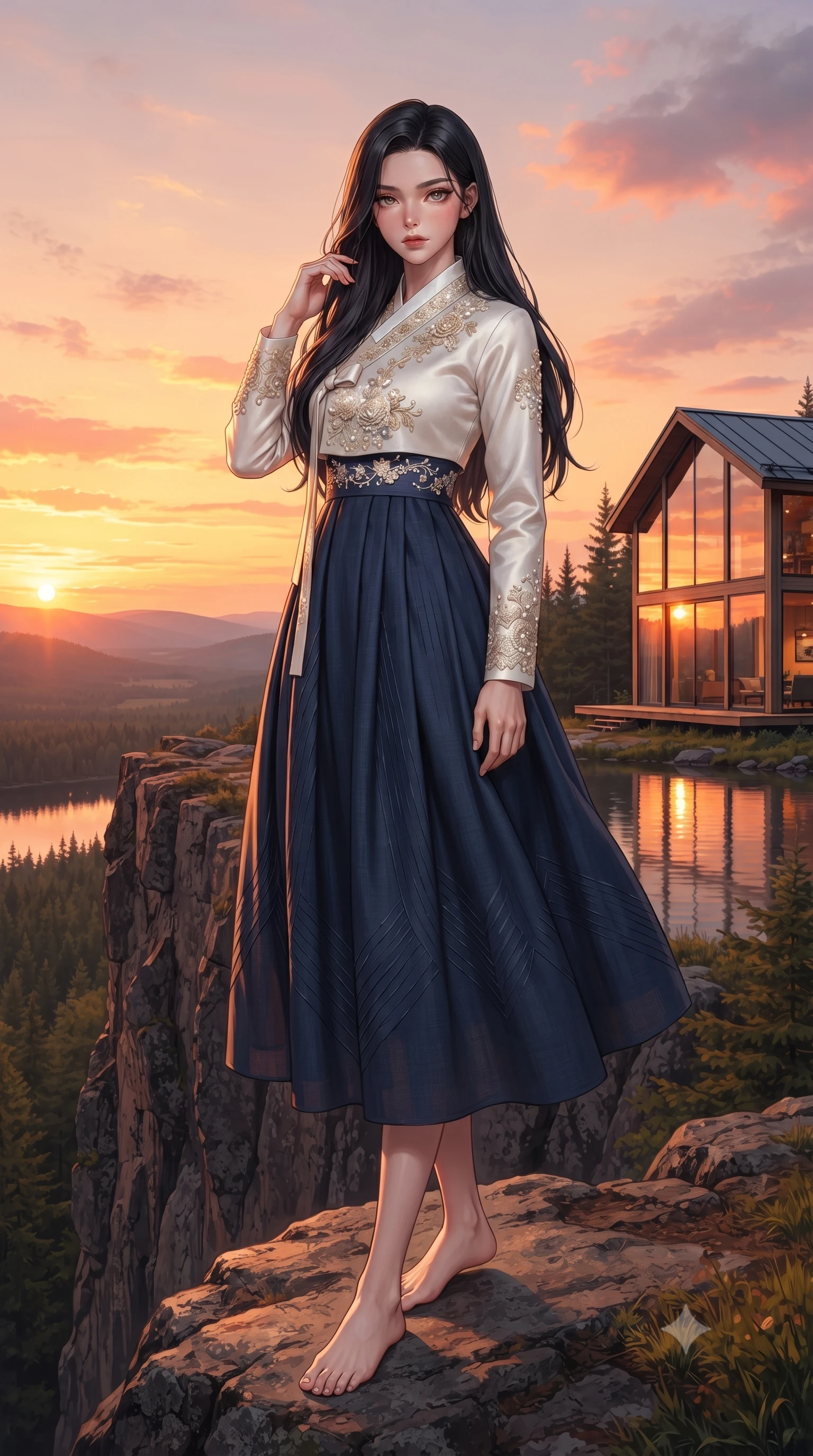 score_9, masterpiece, best quality, ultra-detailed, high-budget anime keyframe, editorial fashion photography, tasteful artistic composition, Korean woman woman. low angle full-body shot from head to toe showing her feet, filling the entire 9:16 vertical frame with her statuesque presence, stretching her vertical silhouette. standing proud on a scenic cliff overlooking the valley, her silhouette framed by the golden sky the background shows a soft-focus a modern house built of glass and wood, sitting on the edge of a calm forest lake. She has an absolutely perfect, statuesque 8.5-heads proportion, an exceptionally tall and slender model-like female figure with impossibly long slender legs and an ultra-slim waist. sharp v-shaped jawline, high-bridge nose, intricate jewel-like eyes with depth, thick eyelashes, glossy lips with a natural sheen. wearing a slim-fit modern fusion hanbok dress with a navy blue linen skirt and a high-neck white silk jeogori wrapper. the orange and pink reflection of the sunset on the glass walls and lake surface. ultra-reflective glossy finish, specular highlights, metallic sheen, high-contrast stereoscopic depth, volumetric dynamic lighting, 2k, ultra detail, master piece, 9:16 ratio
