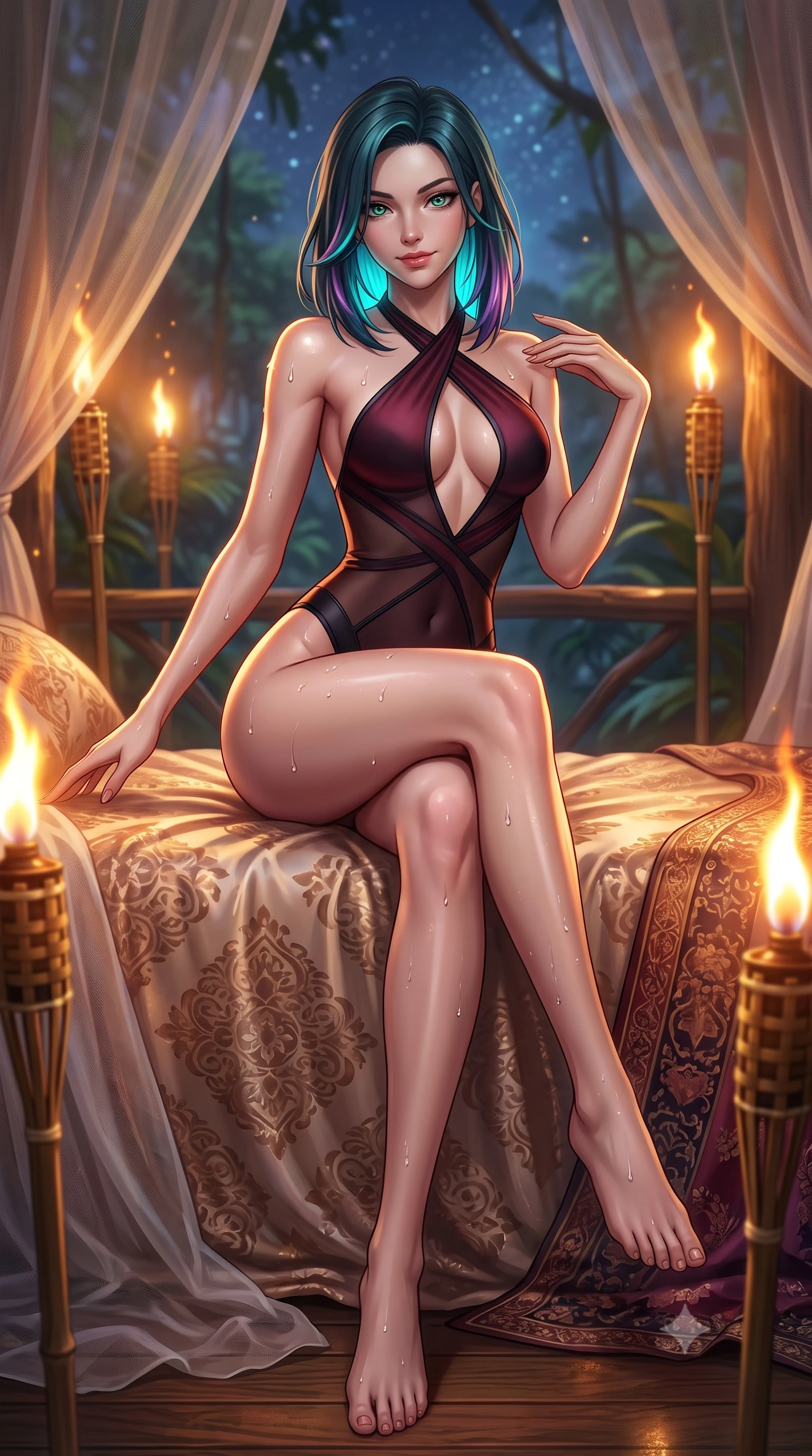 score_9, masterpiece, best quality, ultra-detailed, high-budget anime keyframe, semi-realistic 3D game render, editorial fashion photography, tasteful artistic composition, Caucasian woman. low angle full-body shot from head to toe showing her feet, filling the entire 9:16 vertical frame with her statuesque presence, stretching her vertical silhouette. lounging on the lavish daybed with legs crossed and hips angled toward the camera, displaying her toned midriff and long slender limbs with effortless siren poise while twisting her slender torso in an alluring contrapposto stance, flickering bamboo torches and starlight sculpting highlights on her silhouette. The background shows a soft-focus sheer mosquito netting drapes softened in romantic jungle treehouse shallow focus. She has an absolutely perfect, statuesque 8.5-heads proportion, an exceptionally tall and slender model-like female figure with impossibly long slender legs, an ultra-slim waist, a flat toned midriff, narrow delicate ribcage, and beautifully sculpted feminine hips creating a graceful, slim hourglass silhouette without any bulky heaviness. sharp v-shaped jawline, high-bridge nose, sparkling eyes with hypnotic seductive depth, thick curled eyelashes, glossy parted lips with a natural dewy peach sheen, alluring bedroom-eyes with an enchanting coquettish smile, exuding magnetic siren charisma and sophisticated glamour, flawlessly proportioned anatomical accuracy, strict slender model proportions, natural body alignment, perfectly sculpted long slender limbs, ultra-slim waistline, clean dynamic posture without body distortion. wearing a criss-cross halterneck keyhole bodysuit with open back and sculpted waist darts in Gion dark cherry and midnight obsidian, made of semi-opaque stretch illusion mesh with soft shadowy contours, finished with glistening drops of hot spring or lagoon water beading across her sculpted shoulders and collarbones, the glove-like clinging cut tightly following the natural contour of her hips and long slender legs with youthful 8.5-heads elegance. bathed in the rich dynamic golden-orange glow of real outdoor bamboo oil torches combined with celestial starlight. highly saturated vibrant anime colors, detailed shading with soft gradients, rich glossy textures, high-contrast stereoscopic depth, volumetric dynamic lighting, master piece, 9:16 ratio