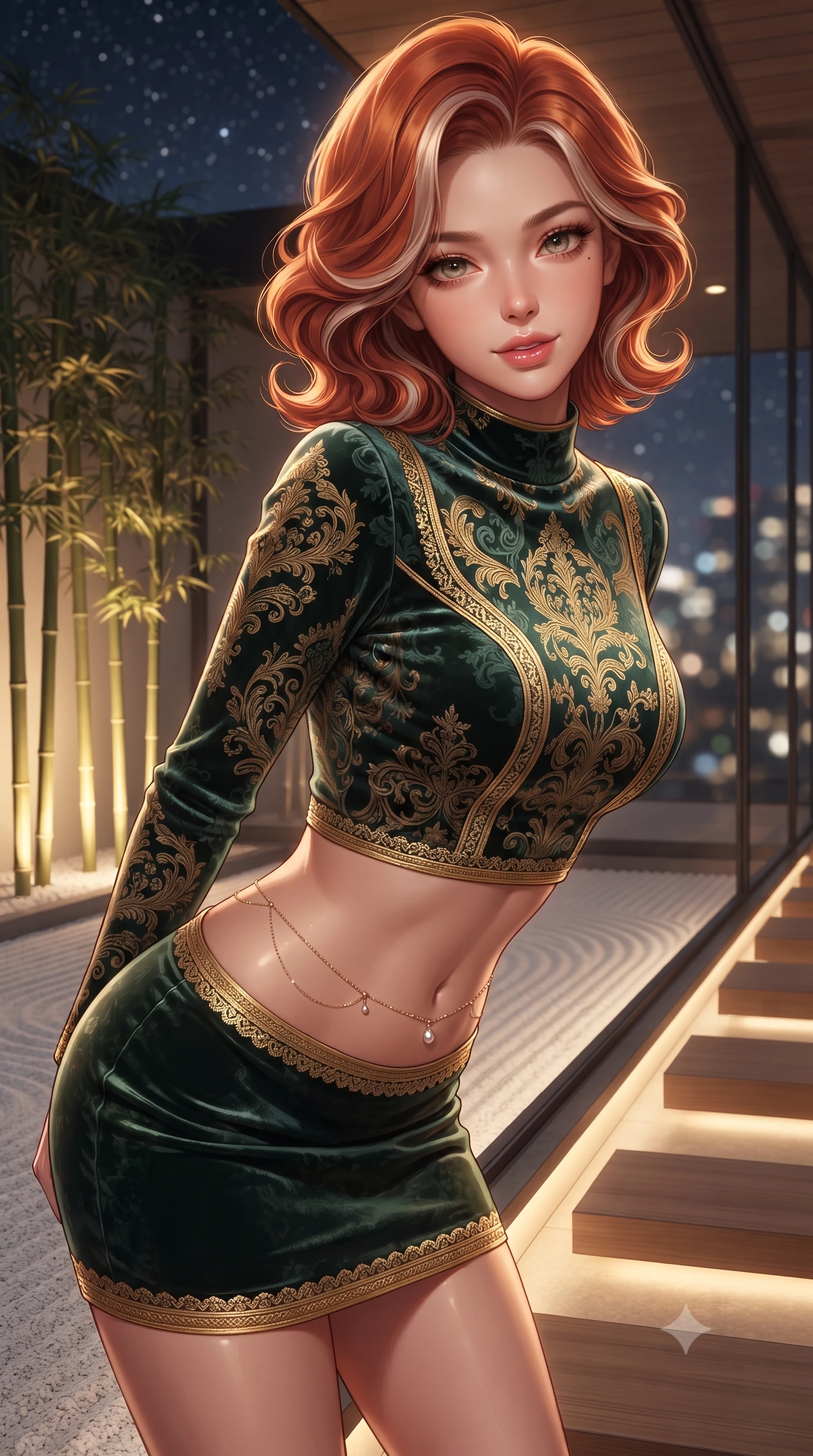 score_9, masterpiece, best quality, ultra-detailed, high-budget anime keyframe, editorial fashion photography, tasteful artistic composition, Caucasian woman. close-up cowboy shot from the waist and thighs up, the character dominates the composition, filling the frame with her large presence. leaning forward while arching her lower back to accentuate her curvy hips, looking into the camera with an intoxicating smoldering gaze and bedroom-eyes while twisting her slender torso in an alluring S-curve beside the raked white gravel garden, warm tatami cove light caressing her narrow waist and hips. The background shows a soft-focus meticulously raked white granite Zen garden waves, illuminated vertical bamboo stems, and starry Tokyo night through glass blurred into ivory, bamboo green, and obsidian bokeh. She has an exceptionally elegant, slender, and willowy female figure with an ultra-slim waist, flat toned midriff, narrow ribcage, and sculpted feminine hips creating an alluring, slim hourglass silhouette without bulk. sharp v-shaped jawline, high-bridge nose, intricate jewel-like sparkling eyes with depth, thick eyelashes, glossy parted lips with a natural peach sheen, bright cheerful beaming smile with an enchanting and coquettish sensual glint, exuding both youthful cute charm and seductive allure, flawlessly proportioned anatomical accuracy, strict slender model proportions, natural body alignment, perfectly sculpted long slender limbs, ultra-slim waistline, clean dynamic posture without body distortion. wearing a tailored velvet bodycon cocktail dress with long fitted sleeves and mock neck in Bavarian alpine spruce green and Neuschwanstein gilded gold, woven from buttery-soft stretch lambskin leather adhering to her body like a second skin, accented with a dainty gold belly chain resting across her flat midriff and curving hips, the form-contouring silhouette accentuating her sculpted flat midriff, narrow delicate ribcage, and gracefully curvy hips with intoxicating allure. bathed in the warm 2700K indirect cove illumination concealed beneath floating cedar steps and bamboo uplights. ultra-reflective glossy finish, specular highlights, rich textural contrasts, high-contrast stereoscopic depth, volumetric dynamic lighting, 2k, ultra detail, master piece, 9:16 ratio