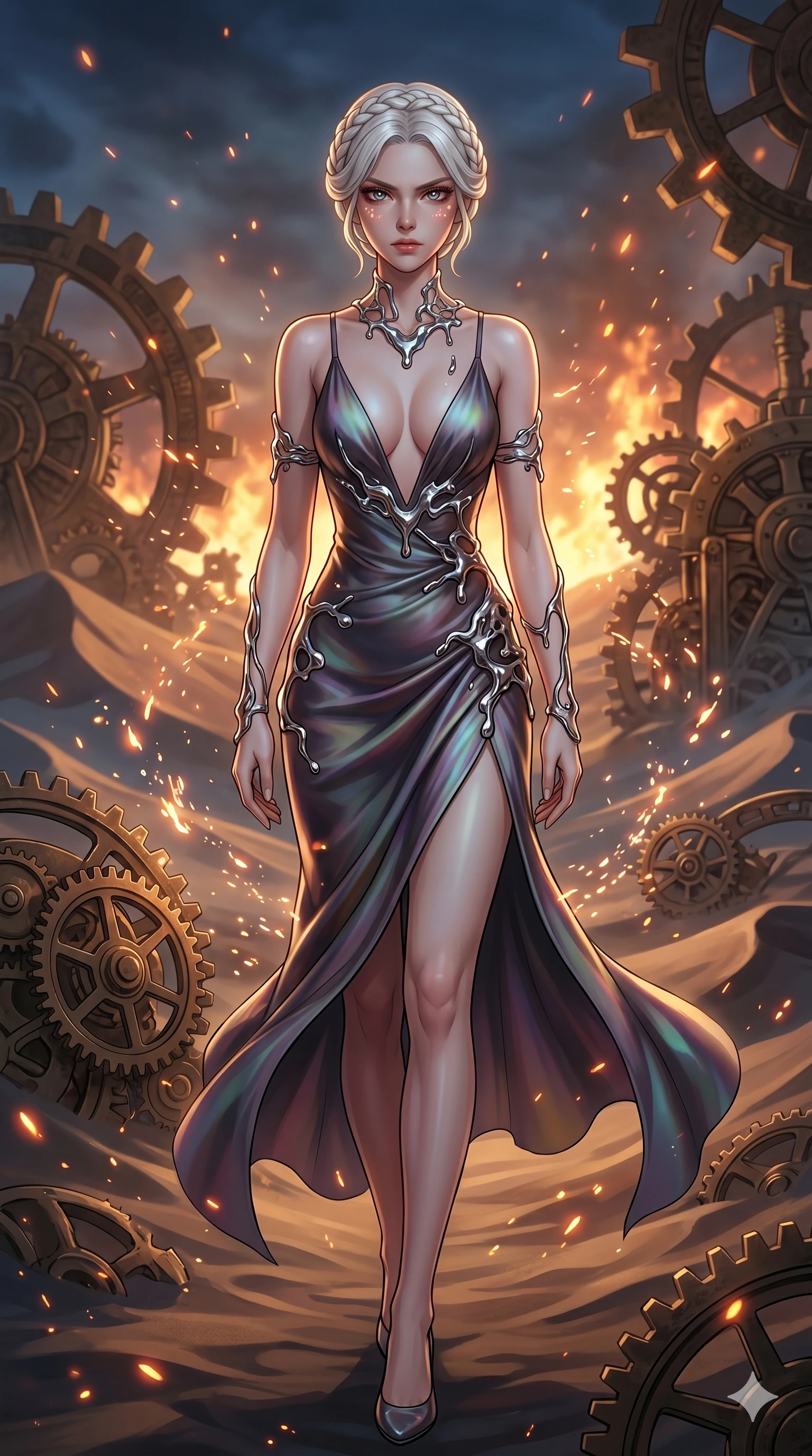 score_9, masterpiece, best quality, ultra-detailed, Set A: High-budget Anime Keyframe, Korean woman. Upper body close-up from the thighs up, character filling the screen for maximum presence. Walking gracefully through a clockwork desert, with a look of intense determination reflecting the fires of 247 and surrounded by glowing energy sparks. She has an absolutely perfect 8-heads proportion, an exceptionally tall and slender female figure with impossibly long slender legs and an ultra-slim waist. Sharp v-shaped jawline, high-bridge nose, intricate jewel-like eyes with depth, thick eyelashes, glossy lips with a natural sheen. Wearing Elegant silk slip dress with a dangerously low neckline and molten mercury accessories. Cinematic lighting, vibrant colors, dramatic shadows, 2k, ultra detail, master piece, 9:16 ratio