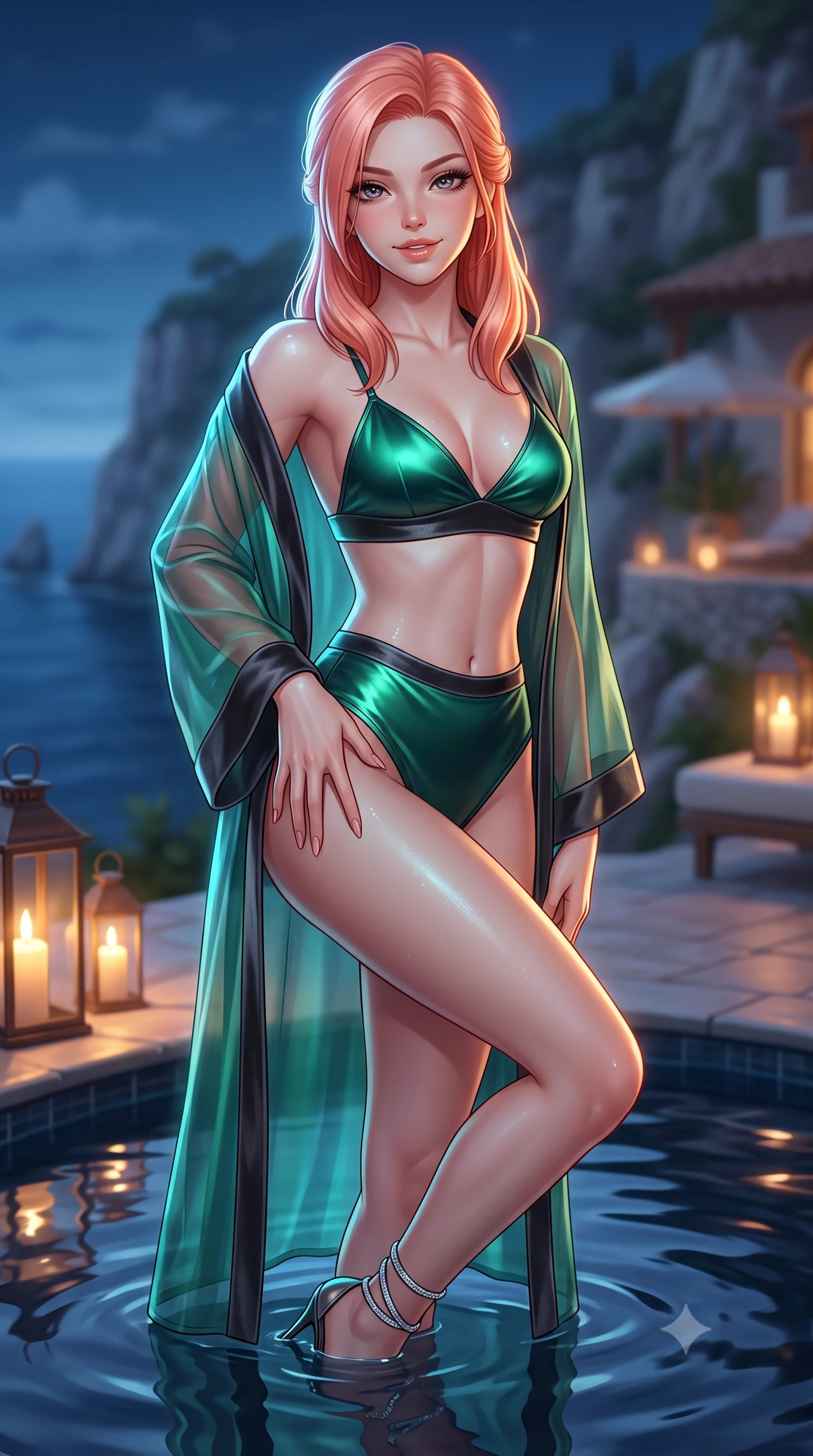 score_9, masterpiece, best quality, ultra-detailed, high-budget anime keyframe, semi-realistic 3D game render, editorial fashion photography, tasteful artistic composition, Japanese woman. close-up cowboy shot from the waist and thighs up, the character dominates the composition, filling the frame with her large presence. tilting her head with a teasing half-smile, running one hand slowly down the side of her hip in a flirtatious S-curve as warm candlelight caresses her silhouette while stepping gracefully into the heated cliffside plunge pool with water lapping at her thighs, arching her spine with breathtaking siren elegance. The background shows a soft-focus limestone cliff edges and cliffside villa terraces softened in magical coastal midnight shallow focus. She has an exceptionally elegant, slender, and willowy female figure with an ultra-slim waist, flat toned midriff, narrow ribcage, and sculpted feminine hips creating an alluring, slim hourglass silhouette without bulk. sharp v-shaped jawline, high-bridge nose, sparkling eyes with hypnotic seductive depth, thick curled eyelashes, glossy parted lips with a natural dewy peach sheen, alluring bedroom-eyes with an enchanting coquettish smile, exuding magnetic siren charisma and sophisticated high-fashion glamour, flawlessly proportioned anatomical accuracy, strict slender model proportions, natural body alignment, perfectly sculpted long slender limbs, ultra-slim waistline, clean dynamic posture without body distortion. wearing a sheer organza kimono robe worn loose and slipping off bare shoulders over a matching satin bralette and high-waisted briefs in iridescent emerald satin and dark charcoal velvet, crafted from fluid liquid silk satin that clings smoothly to every curve with a dewy sheen, complemented by strappy stiletto sandals with crystal ankle wraps accentuating her slender calves, the glove-like clinging cut tightly following the natural contour of her hips and long slender legs with youthful 8.5-heads elegance. illuminated by aquatic caustic bounce and sharp platinum-cyan rim lights sculpting her jawline, narrow waist, and curvy hips. highly saturated vibrant anime colors, detailed shading with soft gradients, rich glossy textures, high-contrast stereoscopic depth, volumetric dynamic lighting, master piece, 9:16 ratio